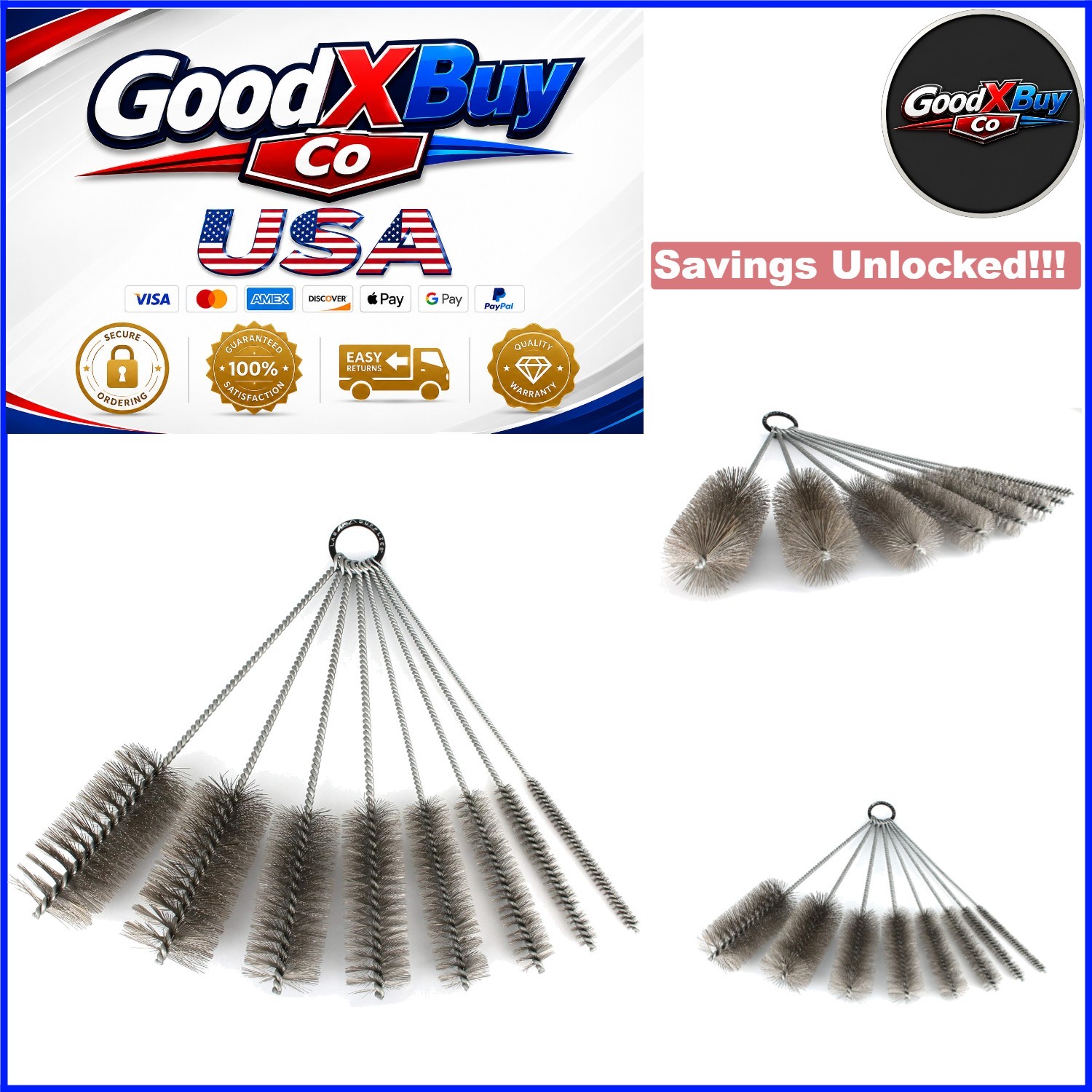 12 Inch Stainless Steel Pipe Cleaning Brush Set 8 Pcs Auto & Kitchen Use