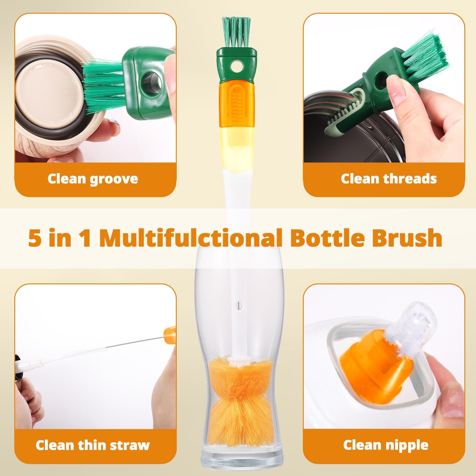 5 Pack Bottle Brush Set, 5-in-1 Water Bottle Cleaner Brush, 15″ Long Handle B…