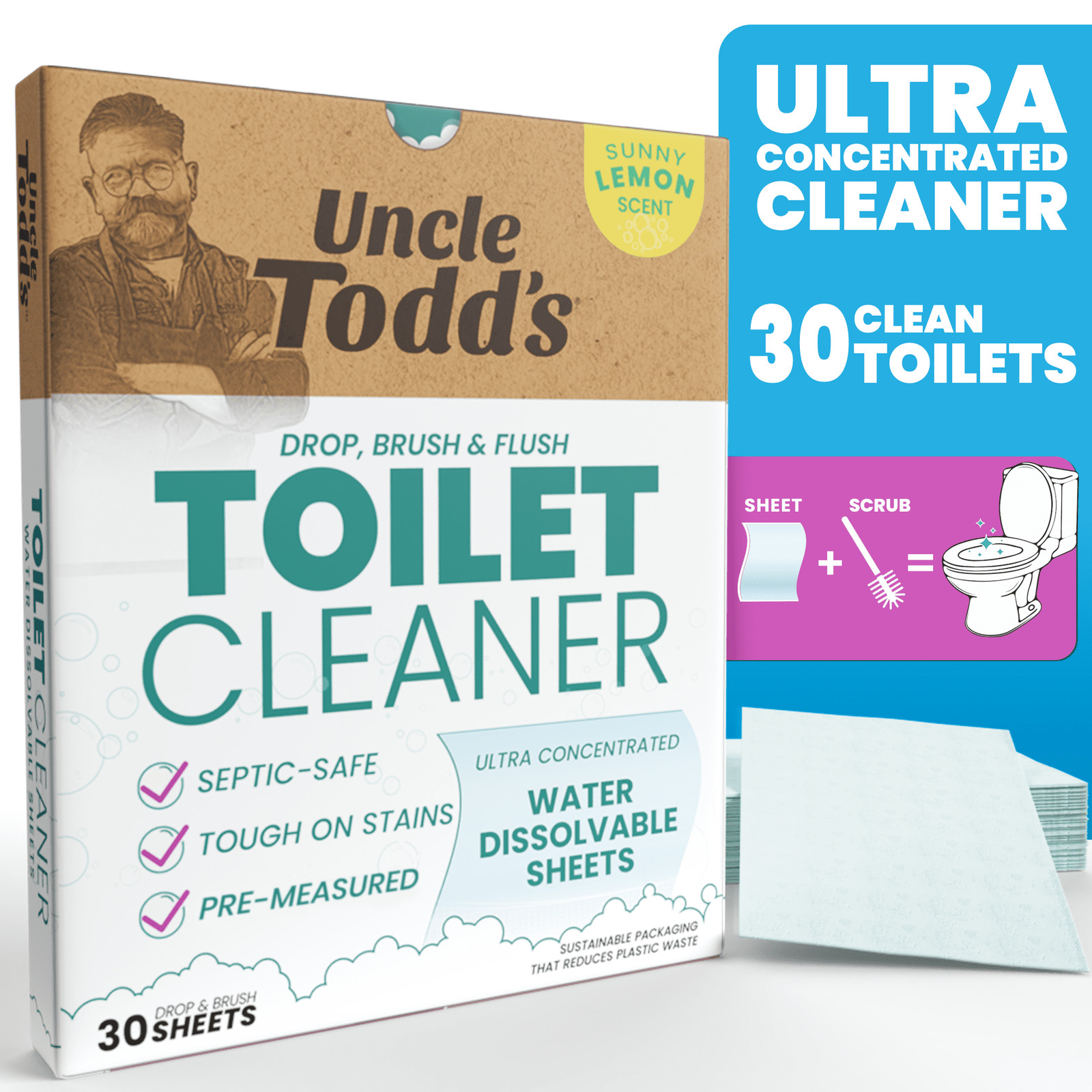 Dissolvable Toilet Cleaner Sheets Lemon Scented, 30 Eco-Friendly Sheets, Drop