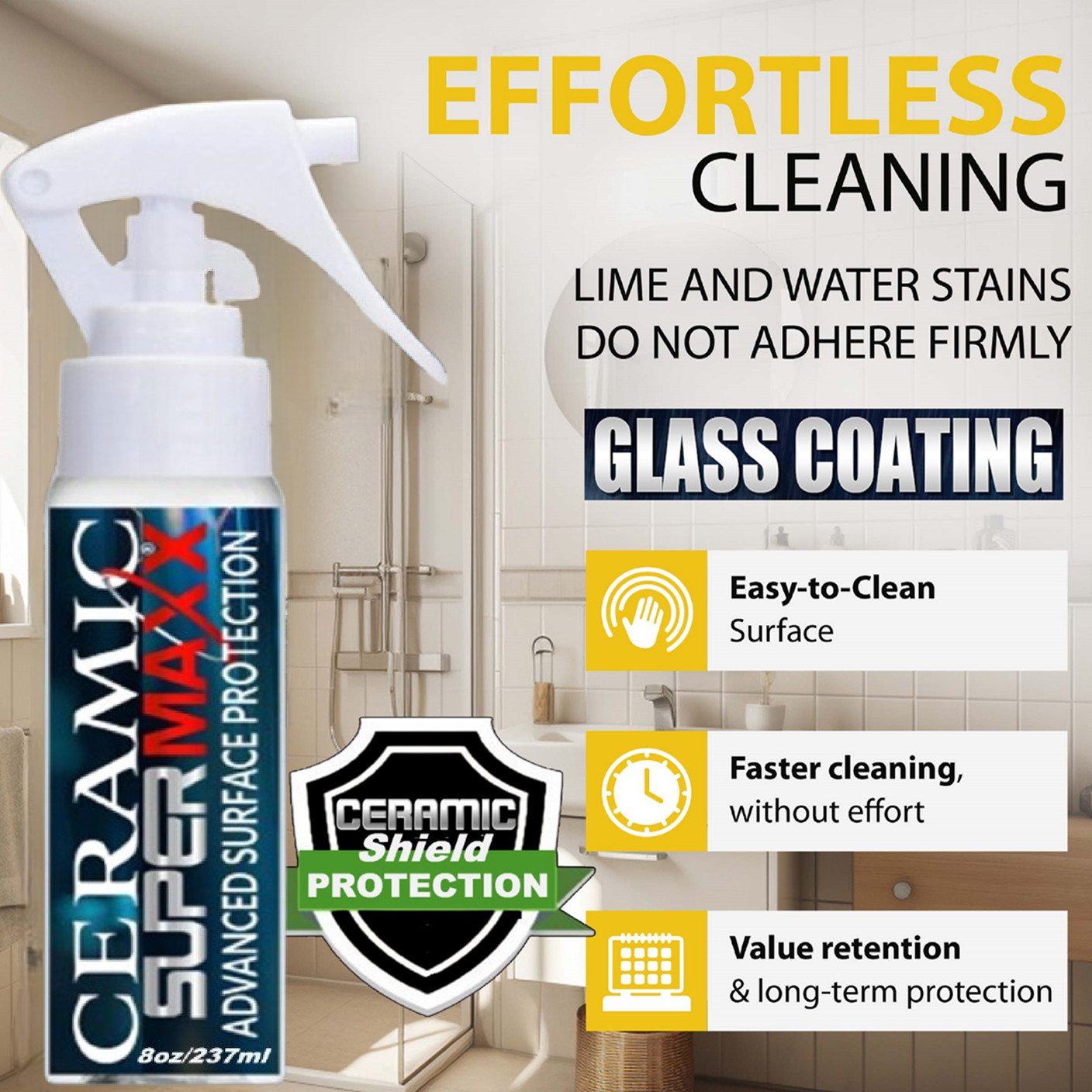 SHOWER GLASS DOOR PROTECTION FROM HARD WATER SPOTS SOAP SCUM EASY CLEAN BENEFITS