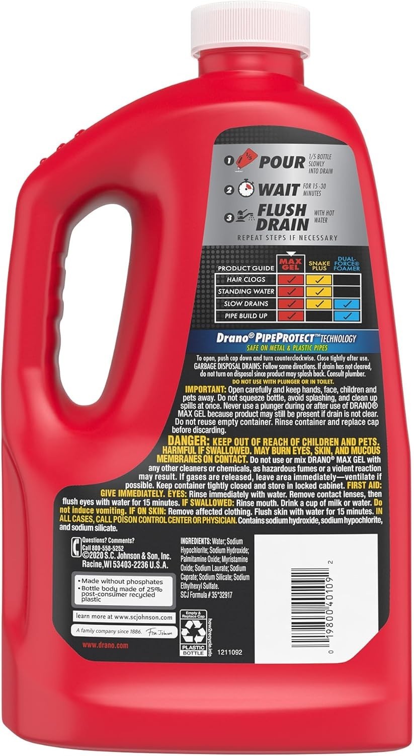 Drano Max Gel Drain Clog Remover and Cleaner for Shower 80 Oz Pack of 2