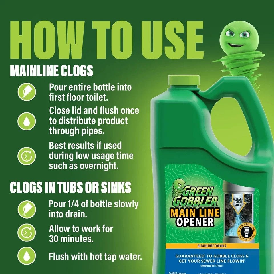 GREEN GOBBLER 1 Gal Drain Cleaner Grease Clog Remover Main Line Opener Toilet
