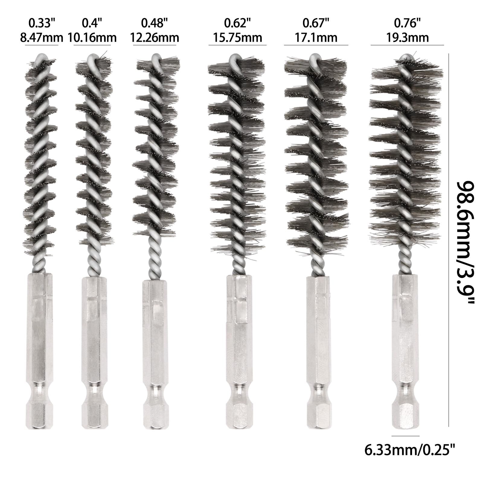6 Pcs Bore Brush for Drill, 1/4″ Hex Shank Stainless Steel Twisted Wire Brush…