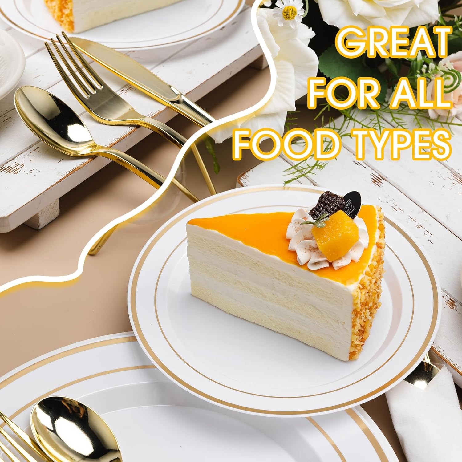 350 PCS White and Gold Plastic Dinnerware Set for 50 Guests, Disposable Party