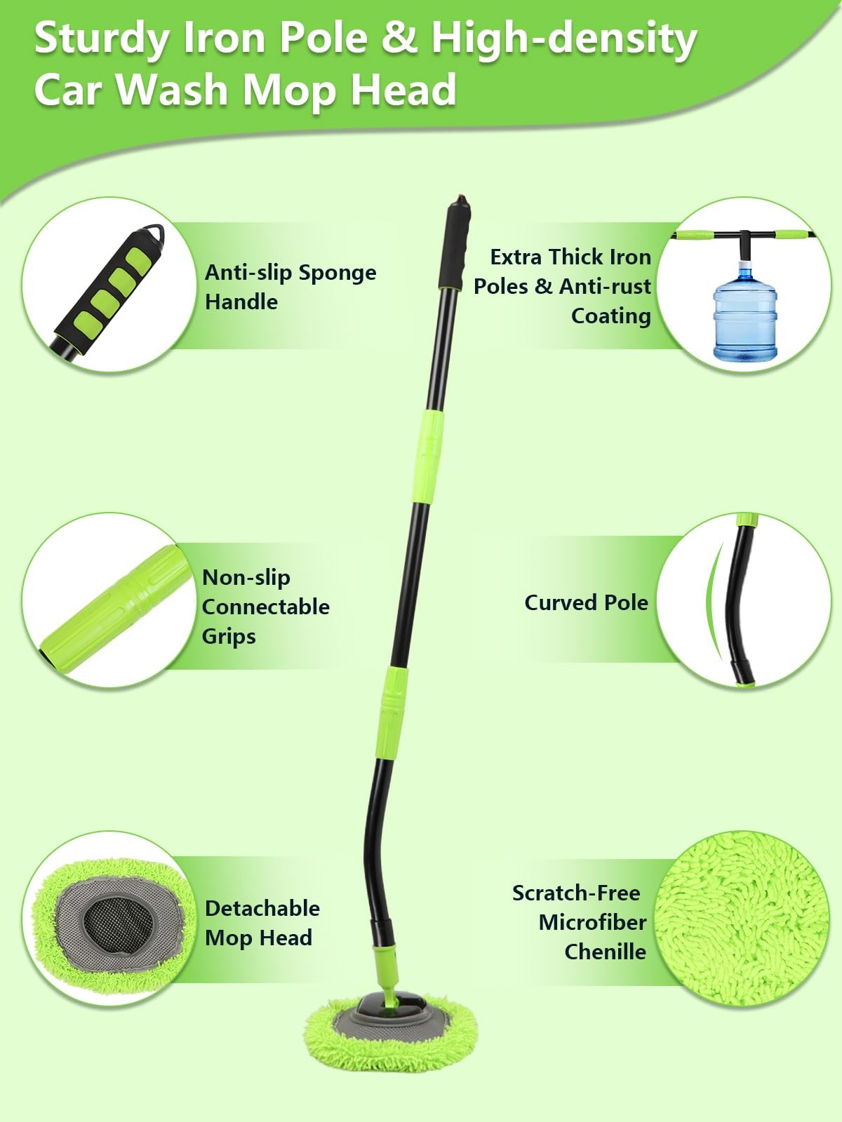 Curved Car Wash Brush Mop 47″ with Long Handle Sturdy Metal Pole 3 Grip Point…