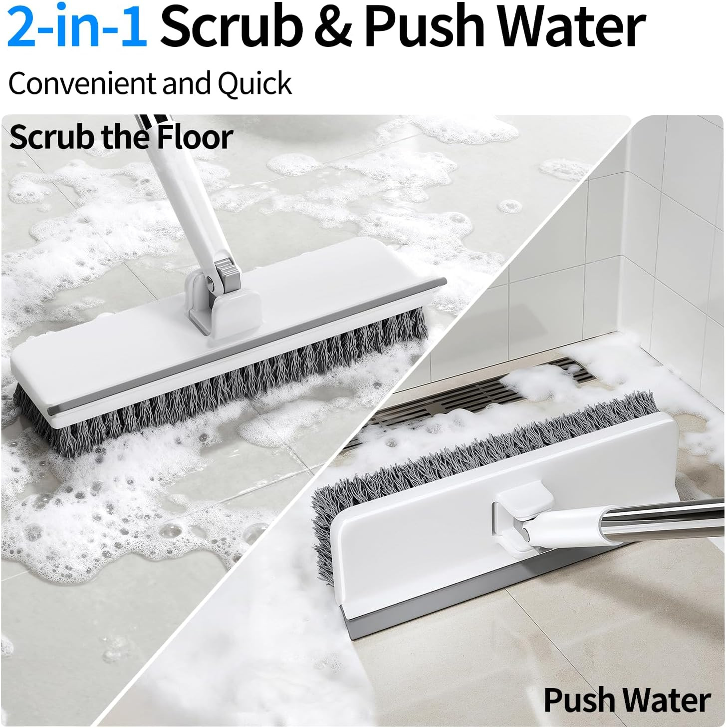 Floor Scrub Brush with 55″ Long Handle, 2-In-1 Floor Brush with Built-In Squeege