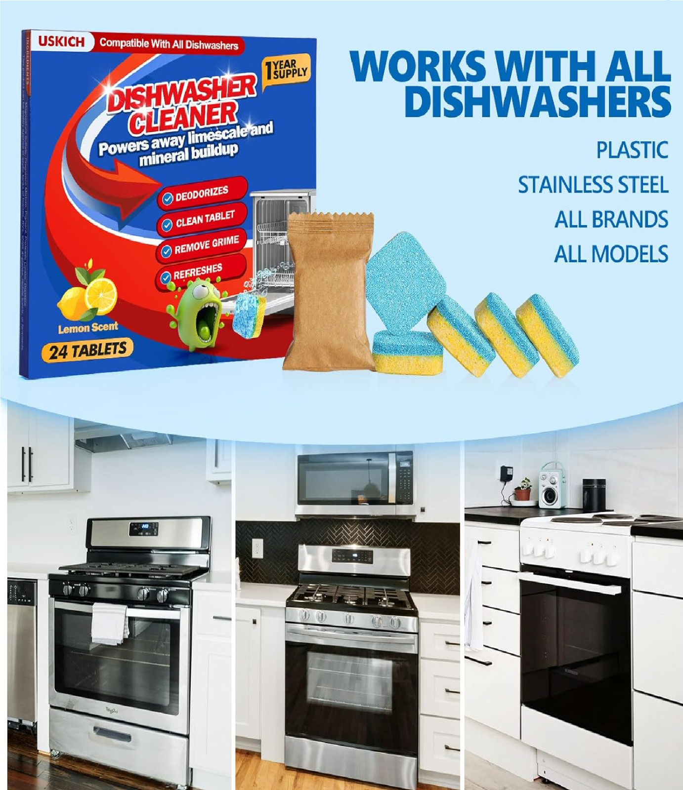 Dishwasher Cleaner And Deodorizer Tablets 24 Pack,Deep Cleaning Descaler Pods