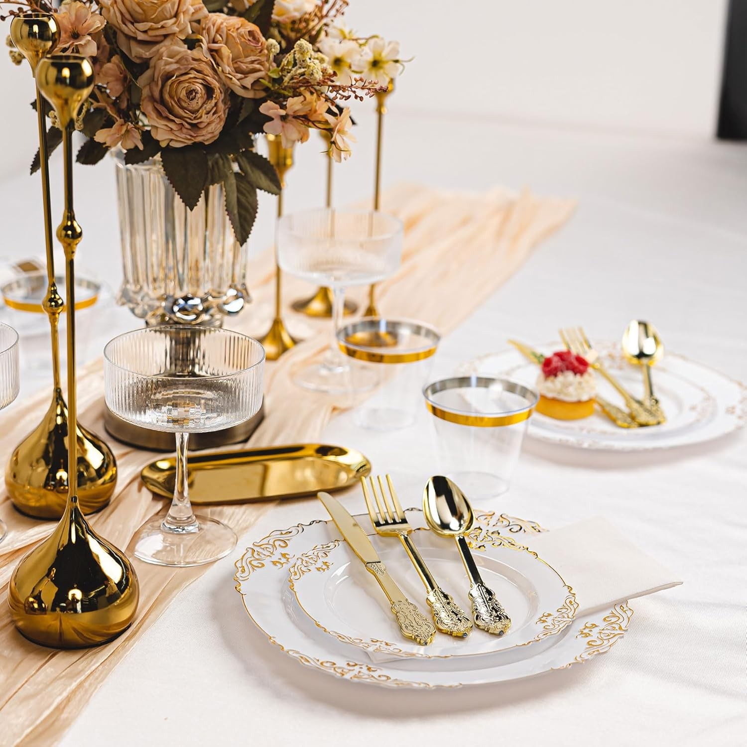 350PCS Gold and White Plastic Plates, Gold Plastic Dinnerware Sets for 50 Gues