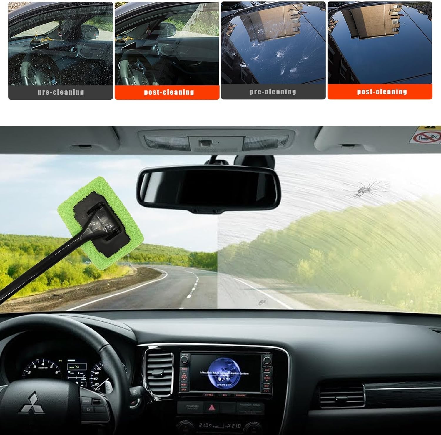 Car Glass Cleaning Tools with Washable & Reusable Microfiber Pads Anti-Fog Brush
