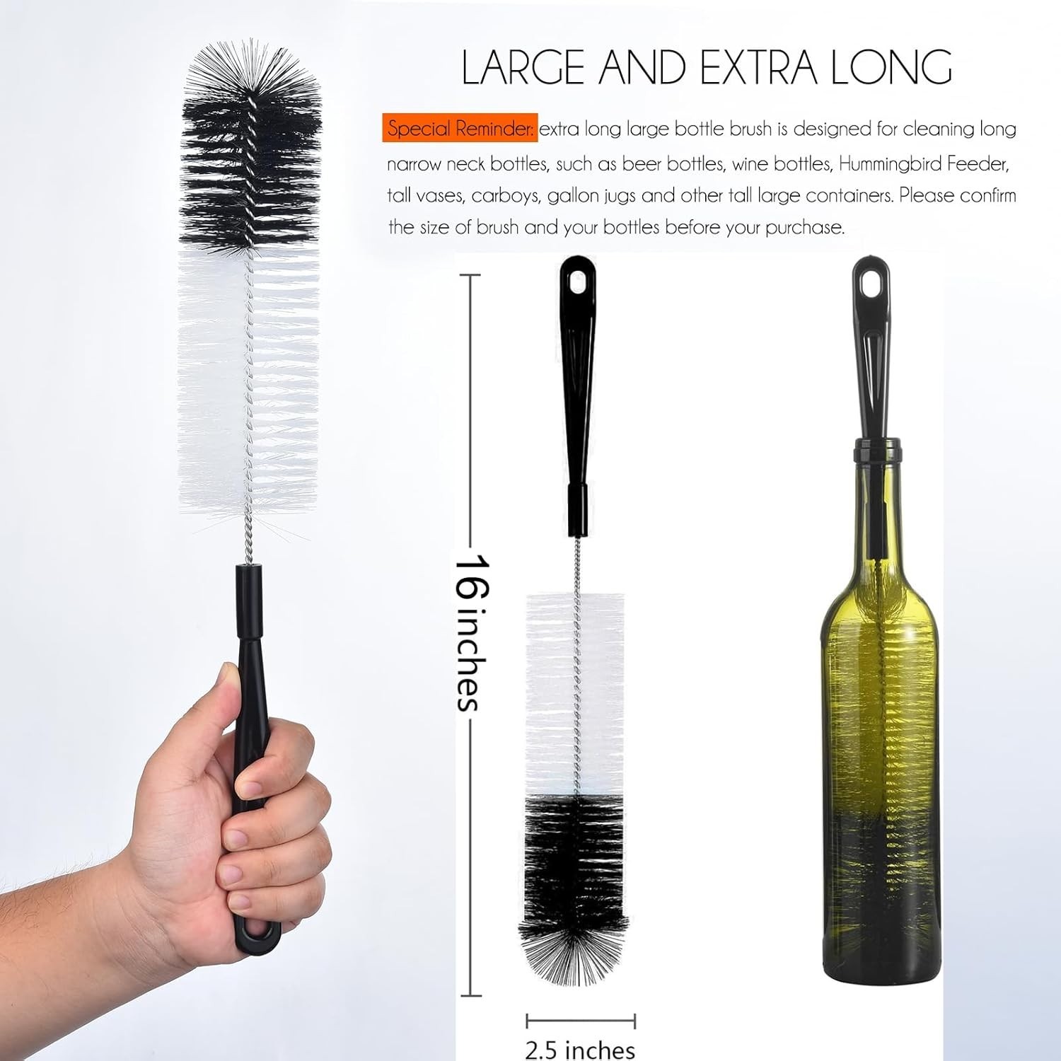 3-Pack Flexible Long Neck Bottle Brush – Ideal for Kombucha & Sports Bottles