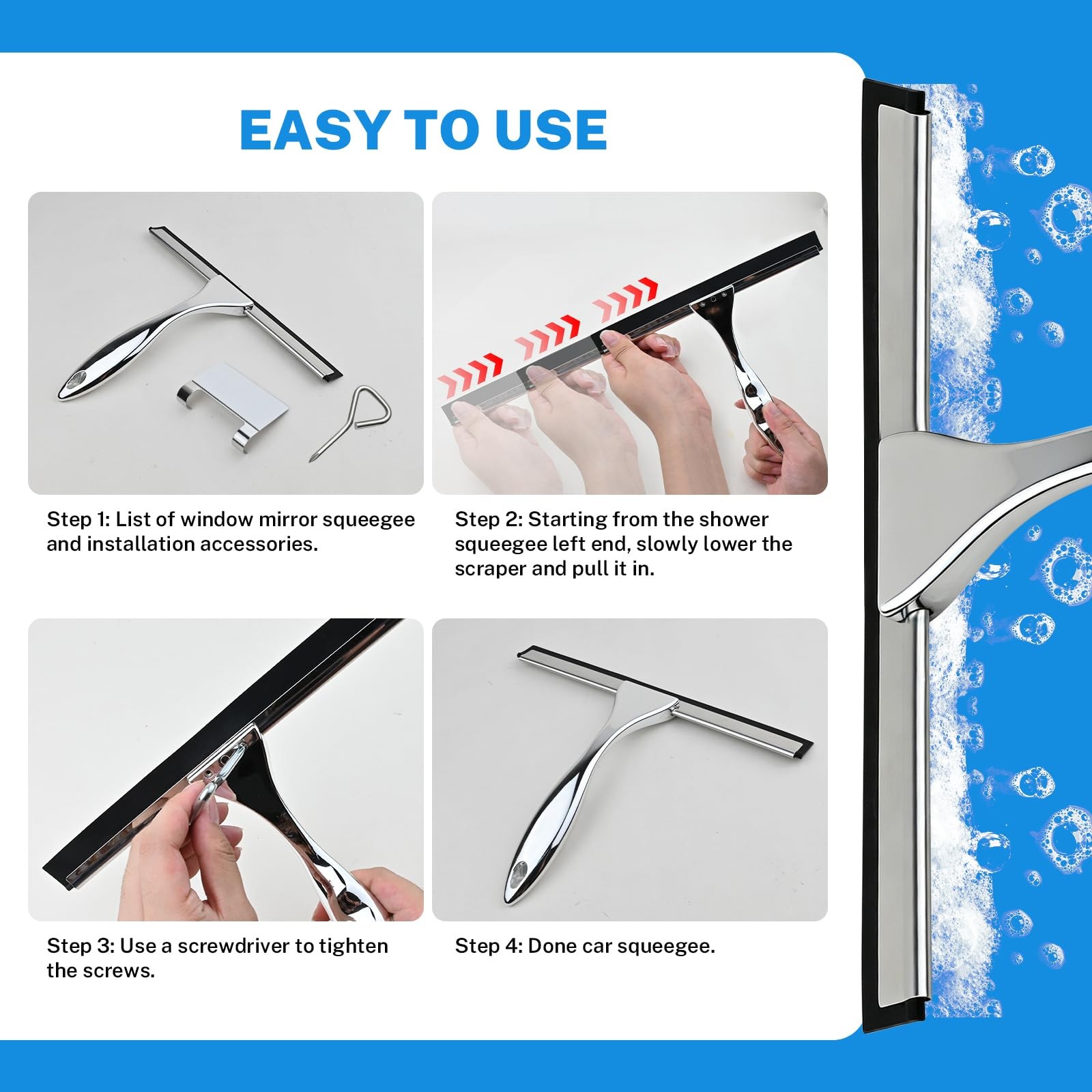 All-Purpose Stainless Steel Squeegee, 10 Inch Silver Shower Squeegee with 1 A…