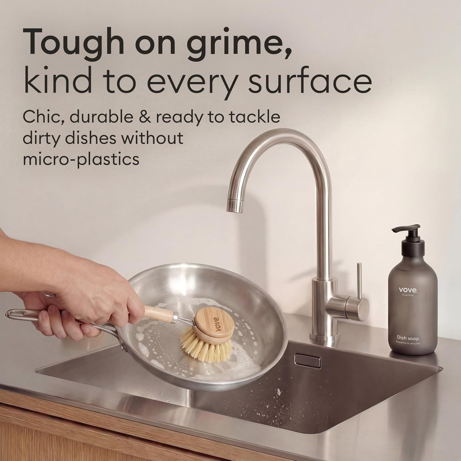 Plastic-Free Dish Brush Bundle, Bamboo Dish Brush and Scrub Brush with 3 Replace