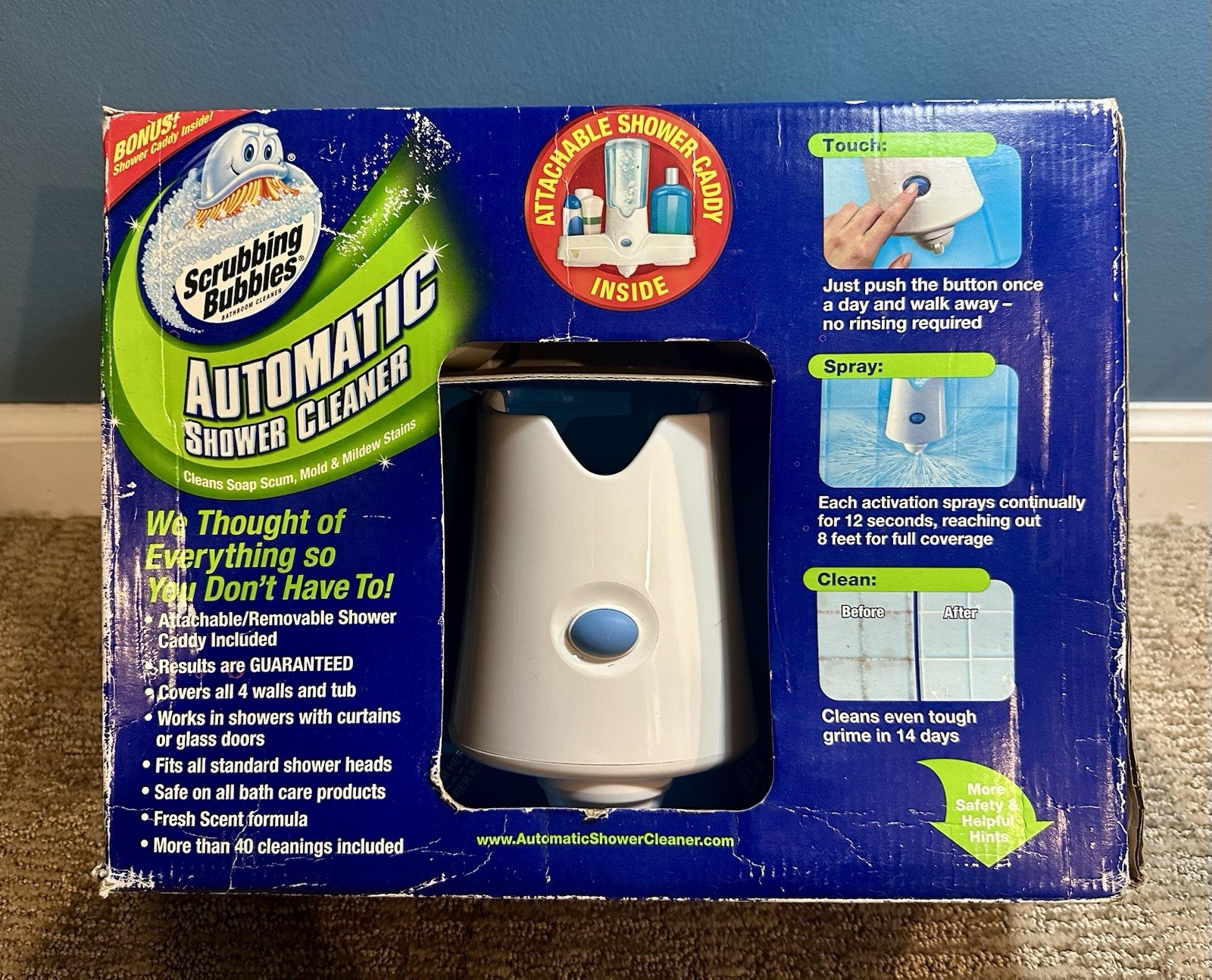NIB Scrubbing Bubbles Automatic Shower Cleaner Kit 2 – 34 oz Refills & Caddy