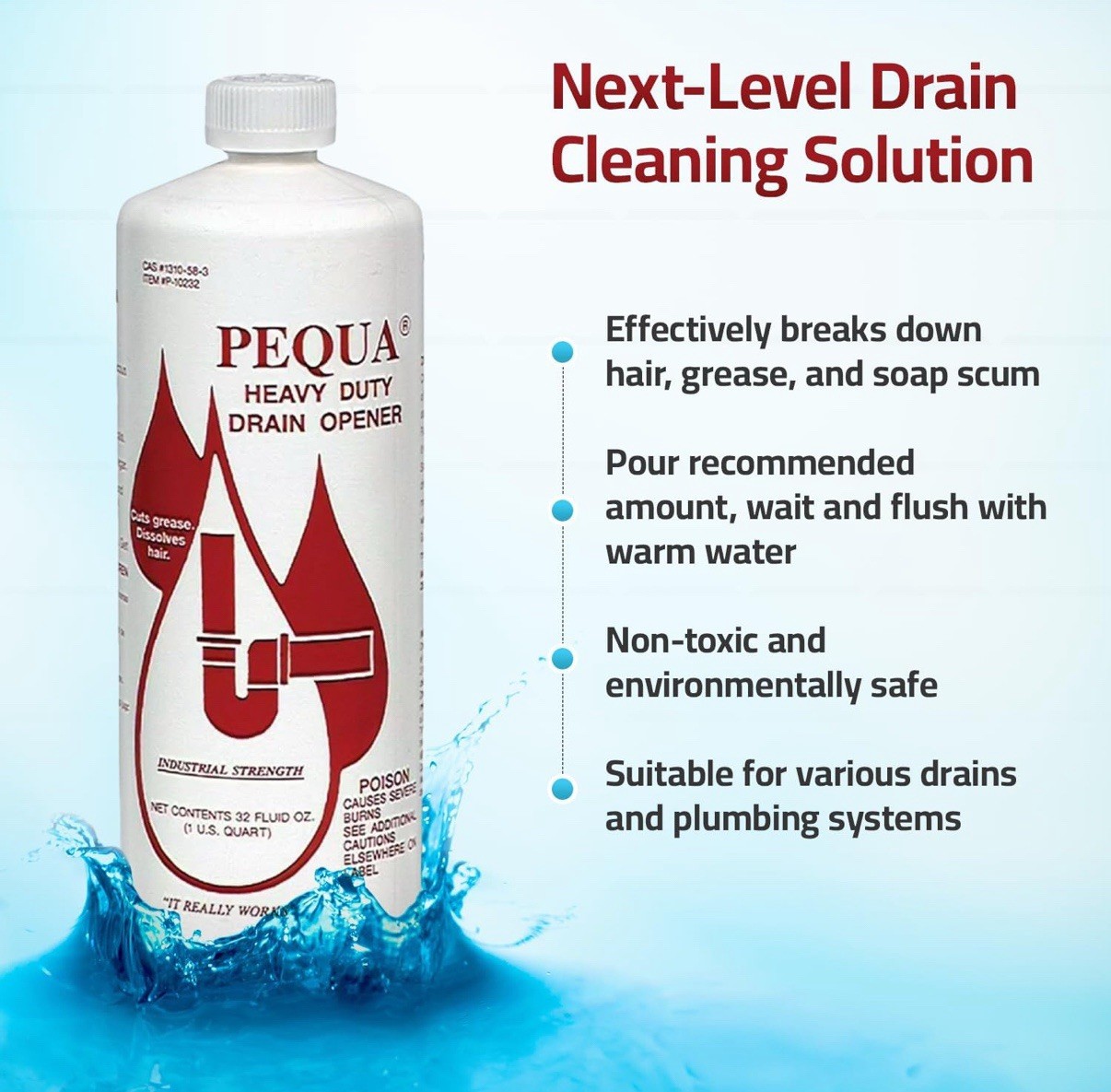 Pequa Heavy Duty Drain Opener, Non-Acid, Fast-Acting Formula, Industrial 2 PACK