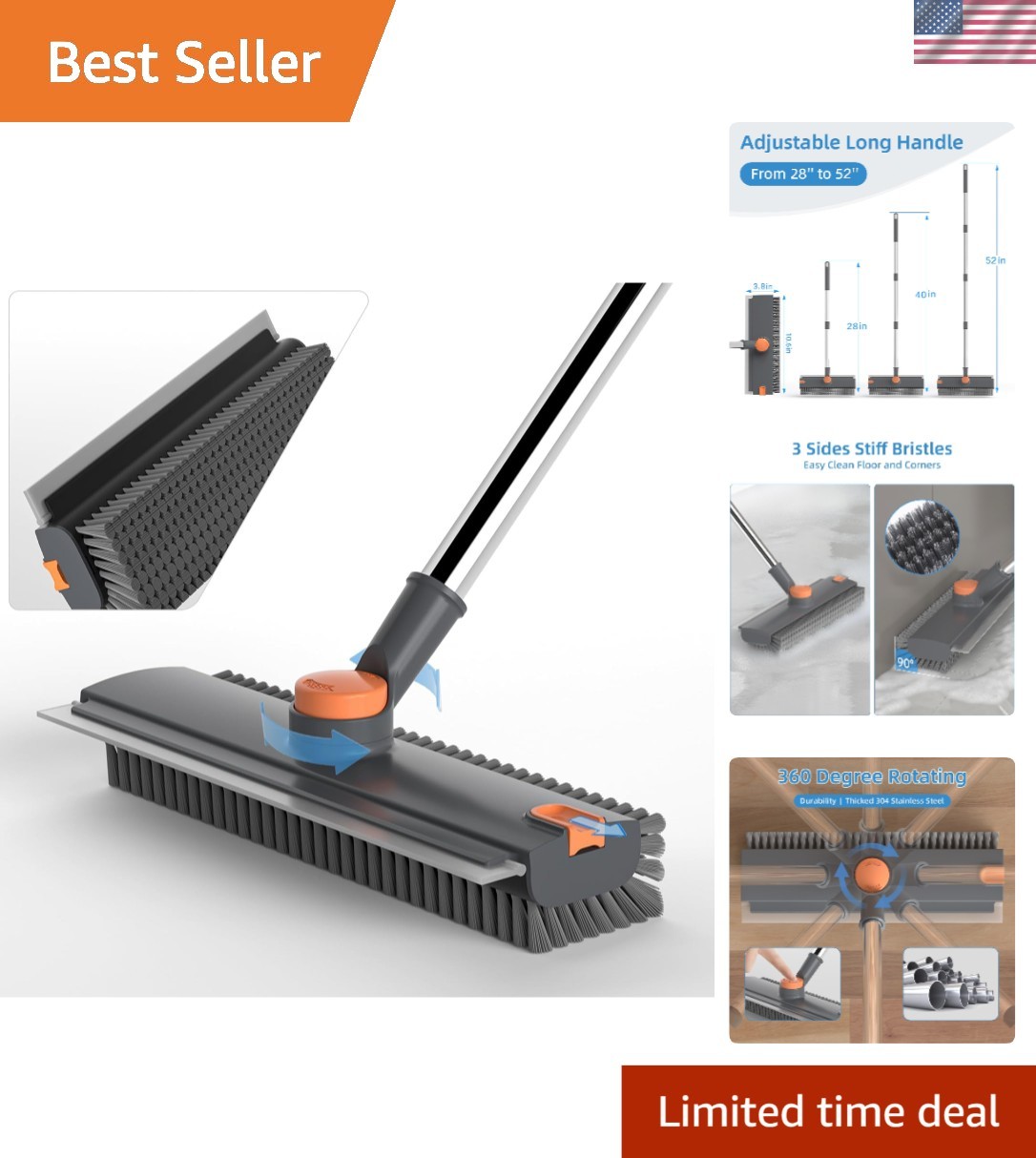 Floor Scrub Brush Squeegee Broom with Long Handle 3 in 1 Cleaning Tool