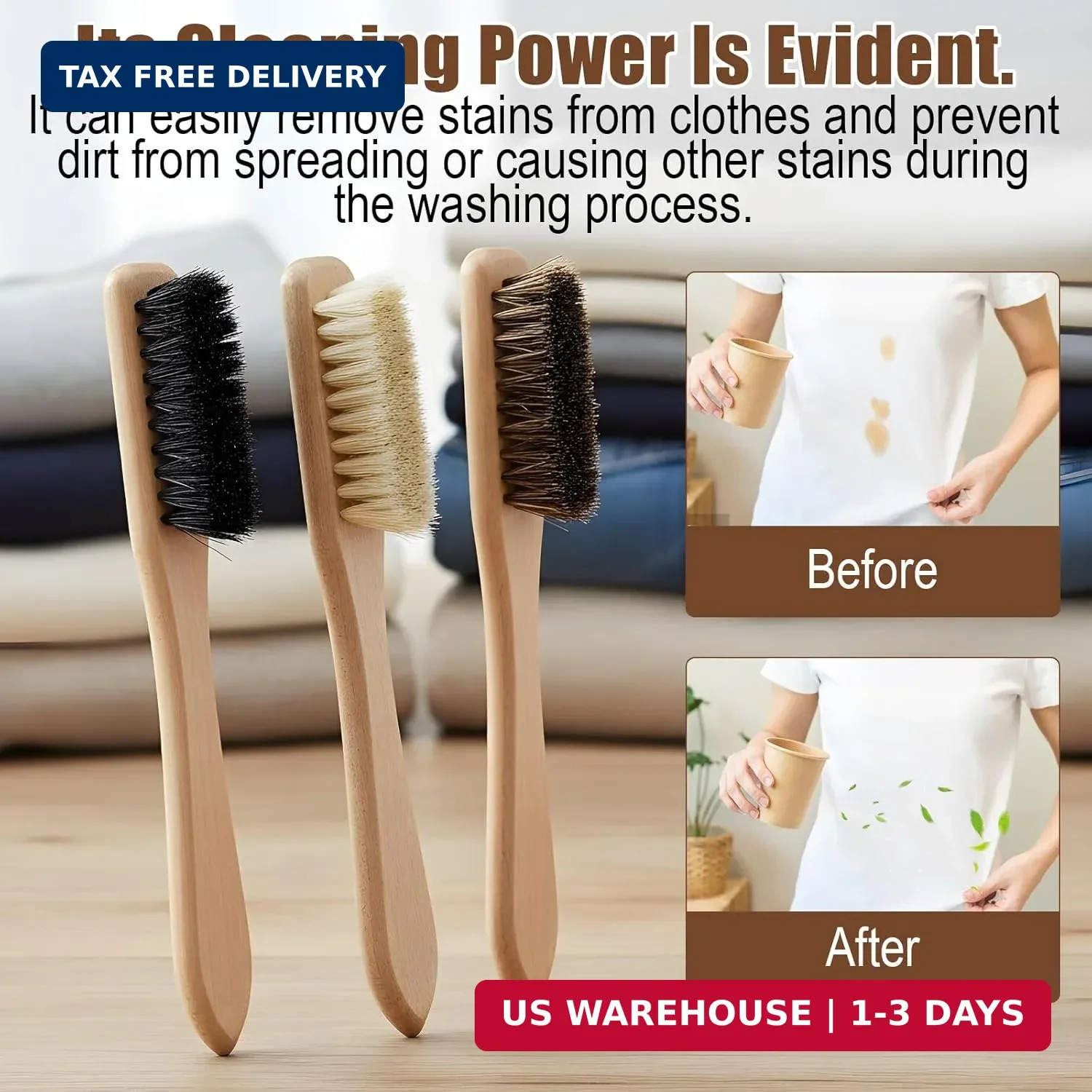 3 Pcs Laundry Stain Brush, Wood Laundry Stain Brush with Boar Bristle for Scrubb
