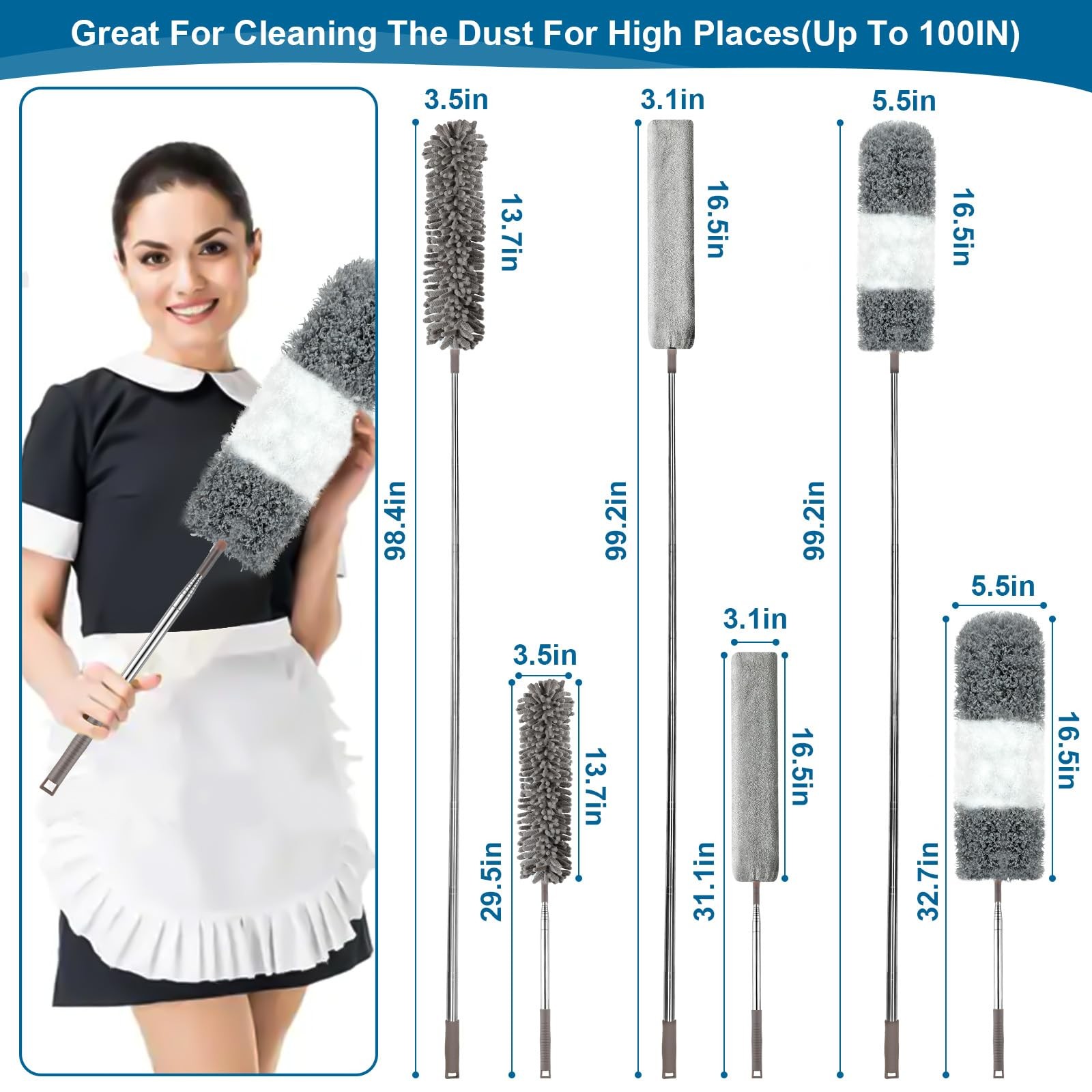 Microfiber Duster 4PCS with Extension Pole(Stainless Steel) 30 to 100 Inches