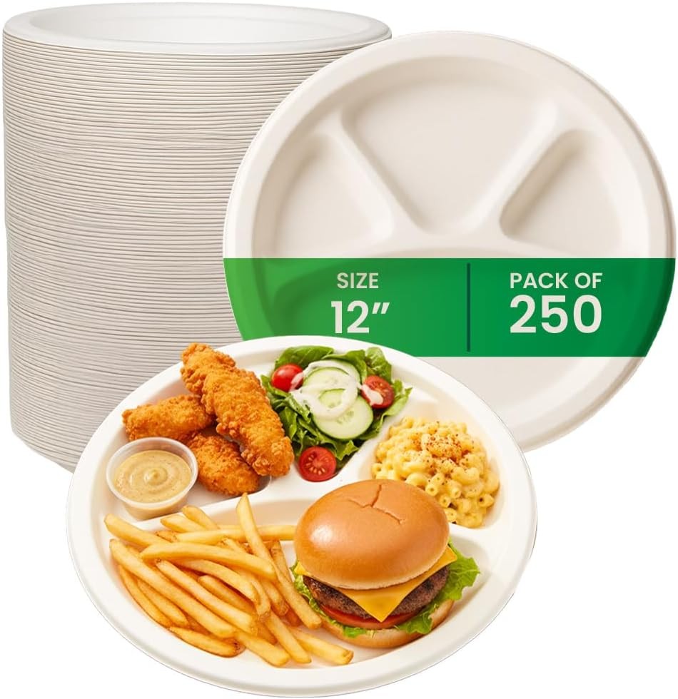 FPN Plates 4-Compartment 12 X 12 Inch 250 Pack Disposable Plates – Sugarcane F