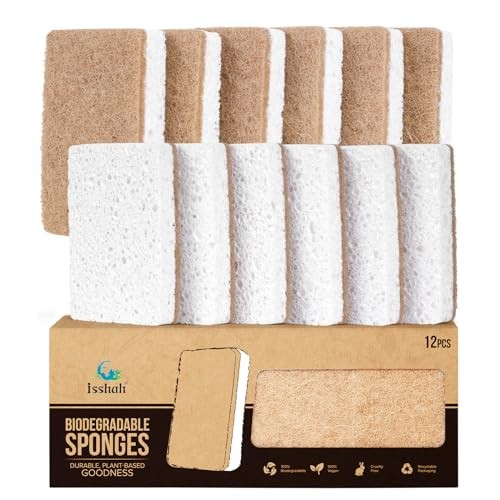 Isshah Plant-Based Kitchen Sponges, Eco-Friendly Sisal Hemp Scrubbers, 12 Count