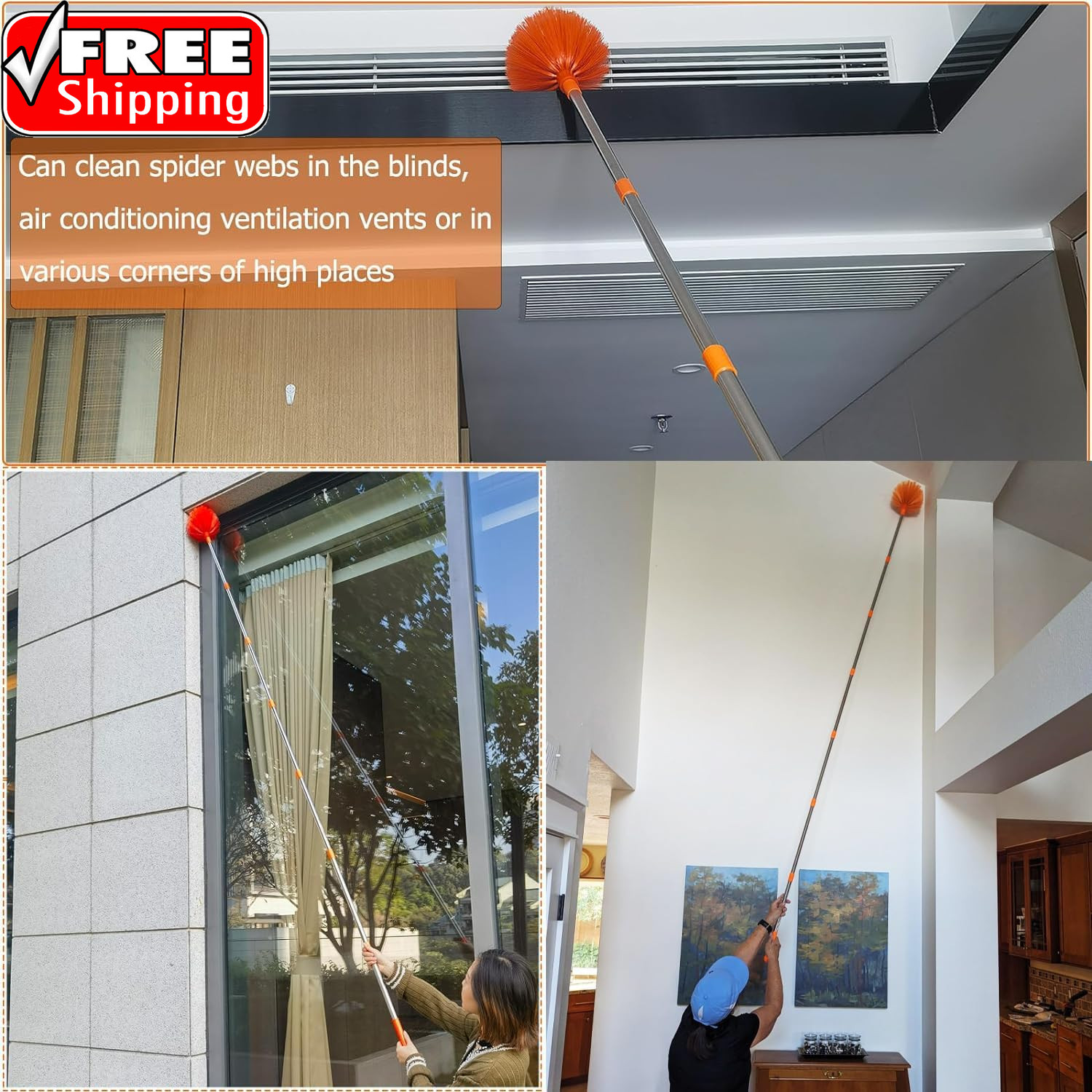 20+ Feet High Reach Dusting Kit with 3-14 Ft Extension Pole //2 in 1 Window Clea