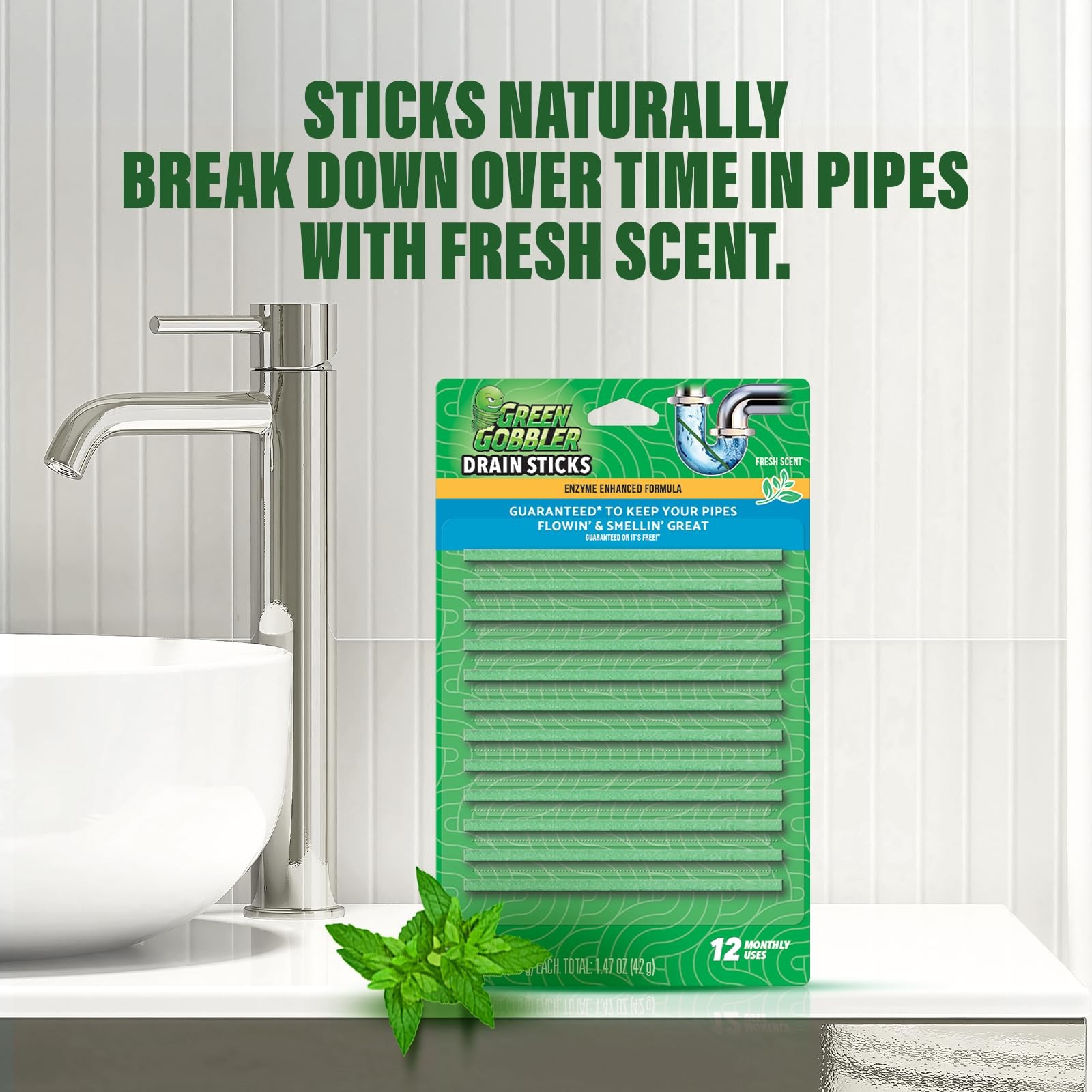 Green Gobbler Drain Cleaner & Deodorizer FRESH SCENT Sticks for Toilet Tanks, Si