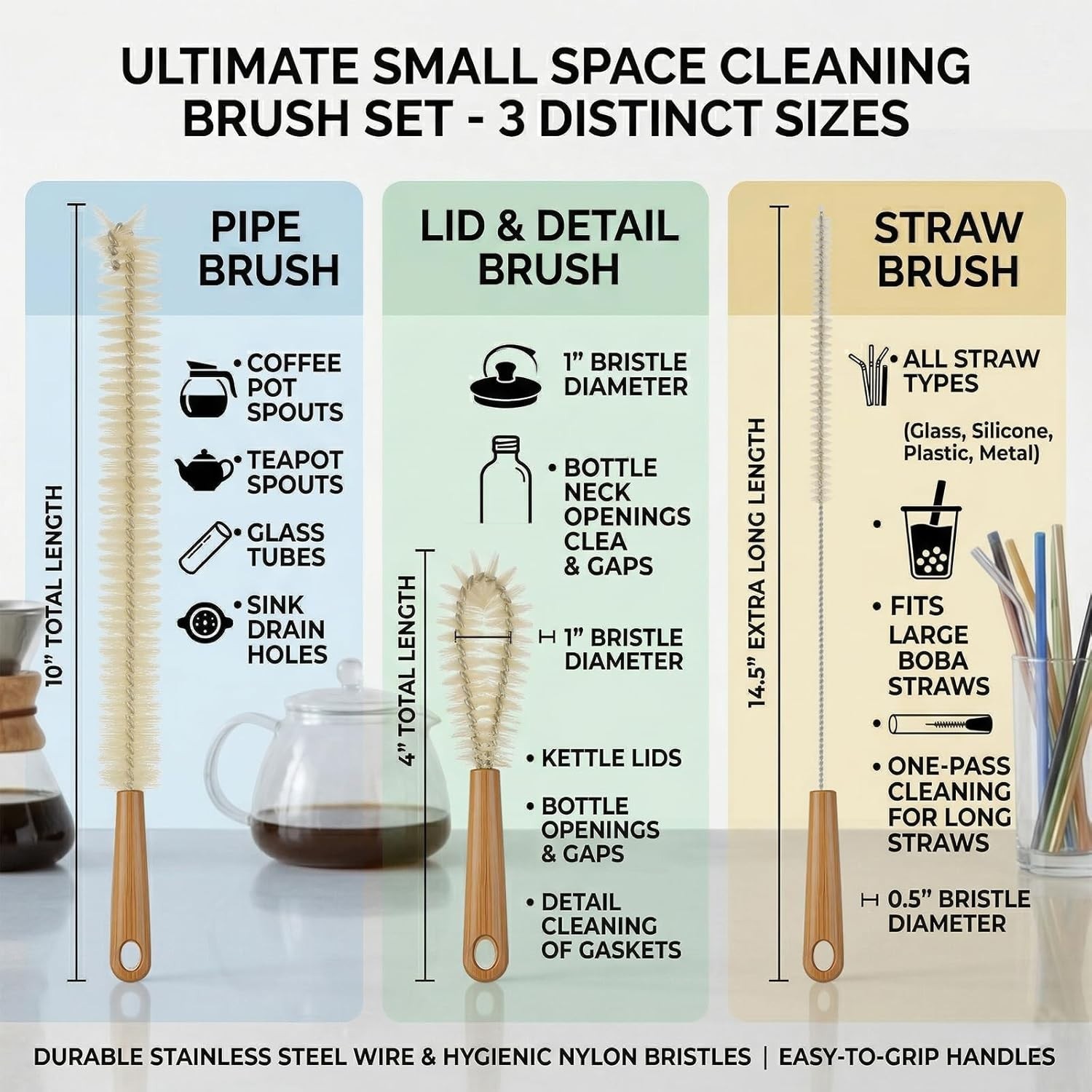 Extra Large Long Bottle Brush Set – 16″ / 15″ Long Bamboo Handle Bottle Clean…