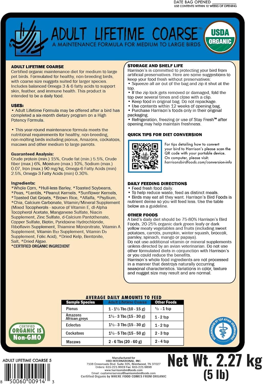 Harrison’s Bird Foods Adult Lifetime Coarse Certified Organic Non-GMO Daily Ma