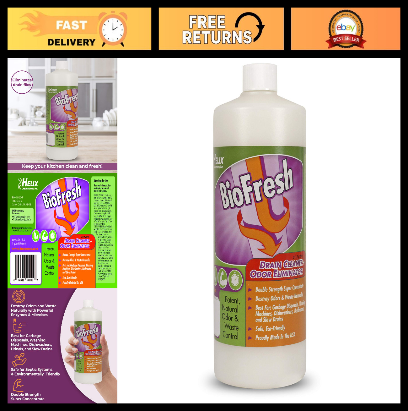 Enzyme Drain Cleaner & Deodorizer for Sinks, Showers, Septics – 32oz Fruit Fly &