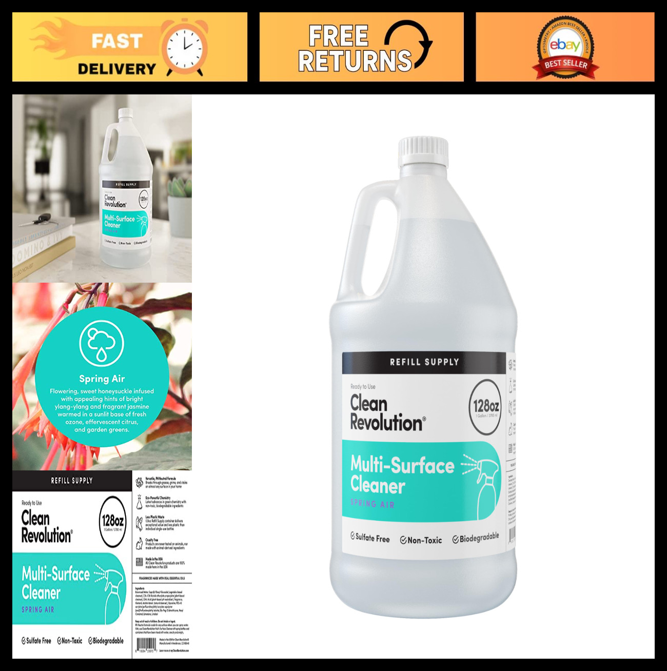 Eco-Friendly Multi Surface Cleaner Refill, Non-Toxic Plant-Based, 128 Fl Oz (4 P