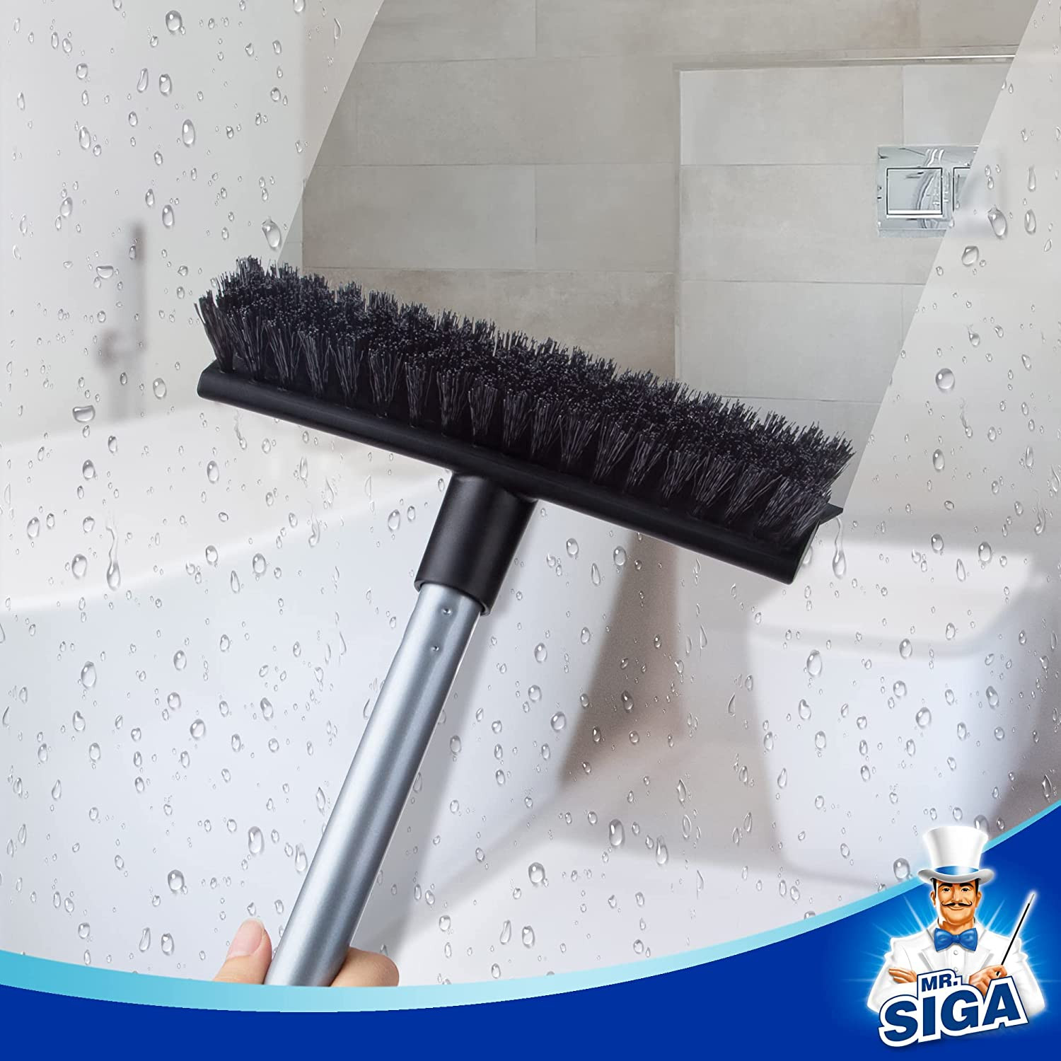 Floor Scrub Brush with Long Handle, 2 in 1 Scrubber and Squeegee