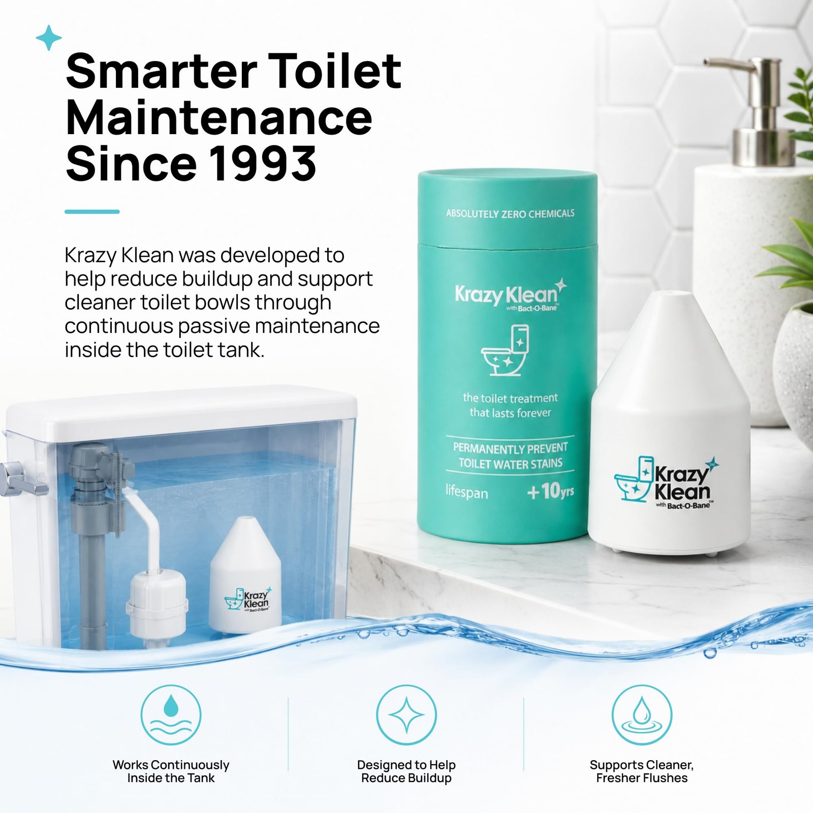 Krazy Klean Automatic Toilet Cleaner Continuous Flush Cleaning System Helps…