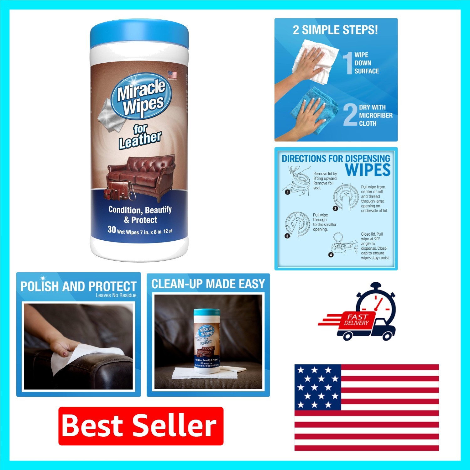 30 Count Miracle Leather Cleaner Wipes – Prevent Fading & Cracking – Travel Size