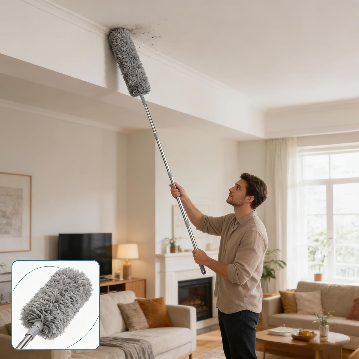 3-in-1 Duster with Extension Pole – Long Reach Cobweb & Microfiber Cleaning Tool