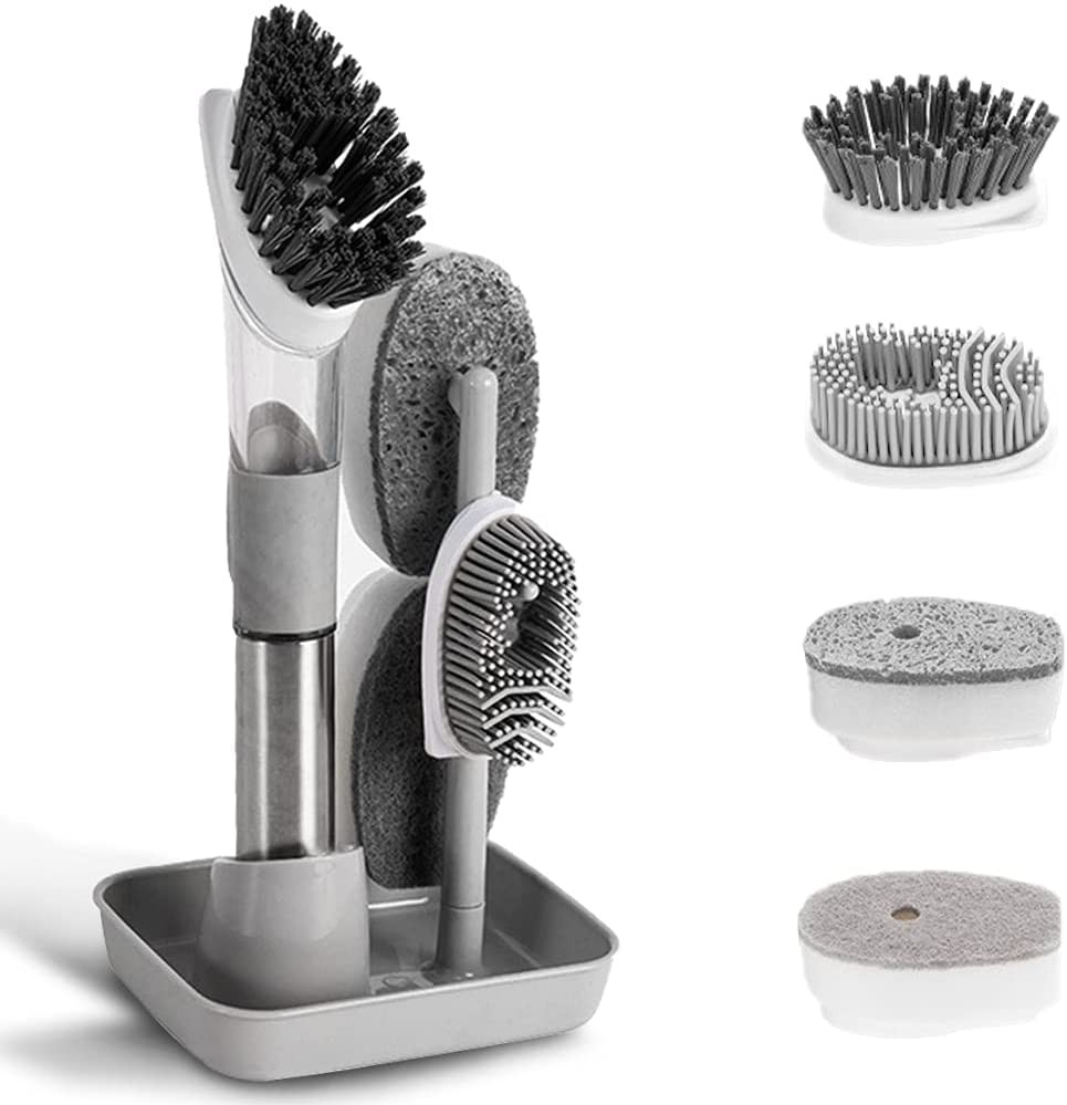 4-In-1 Dish Cleaning Brush Soap Dispensing Dish Brush Set with 4 Replacement Hea