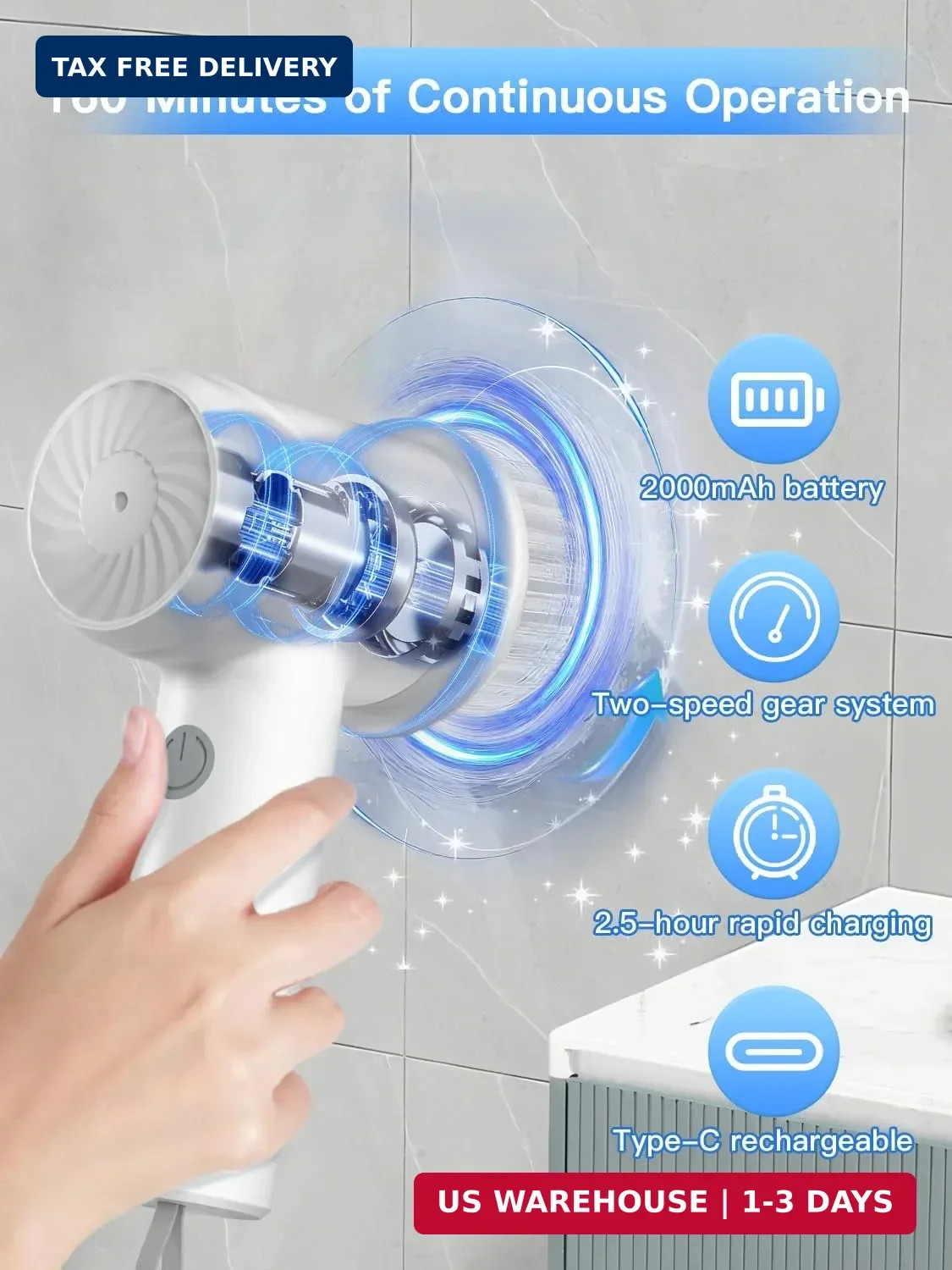 Electric Spin Scrubber – Cordless IPX7 Waterproof Shower Scrubber with 2 Speed S