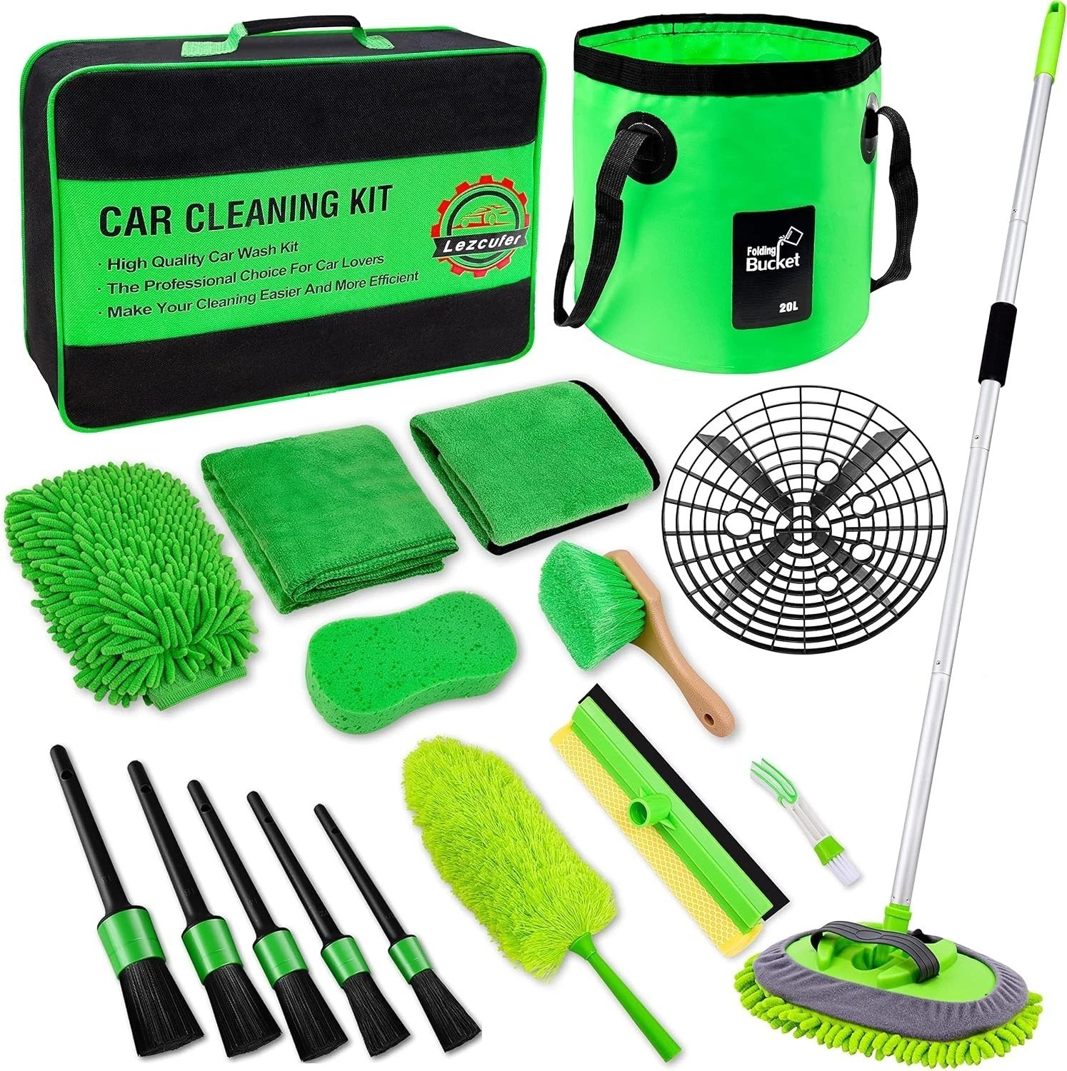 17Pcs Car Wash Kit,62″ Car Wash Brush Mop with Long Handle,Car Cleaning Kit,C…