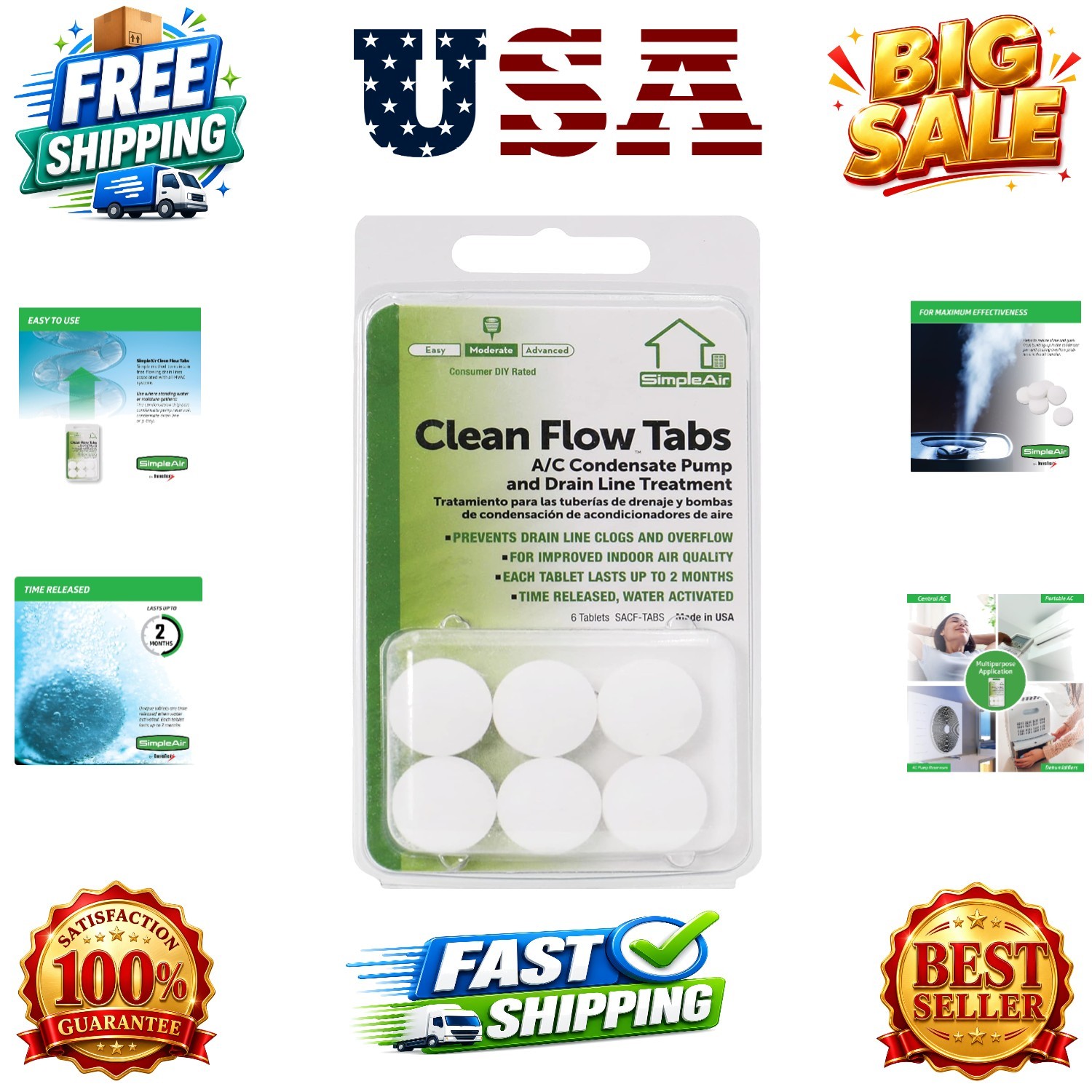 SACF Drain Line Clean Flow Tabs, for AC Units, HVAC Systems, Dehumidifiers, C…