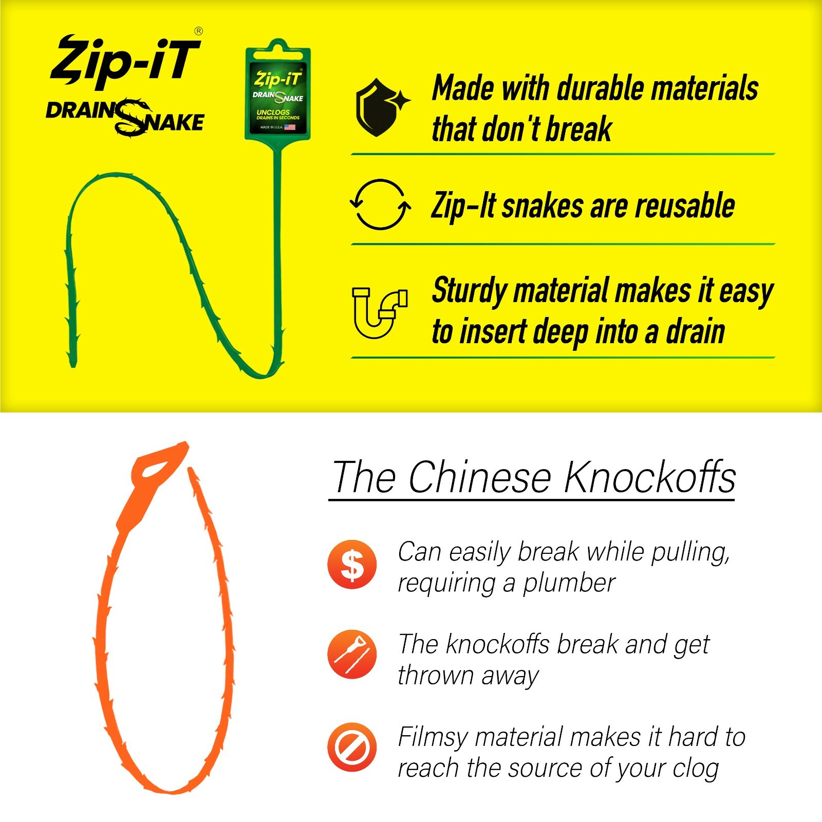 ZIP IT DRAIN CLEANER, 1-Pack Plastic Drain Stick Hair Clog Remover, drain snake