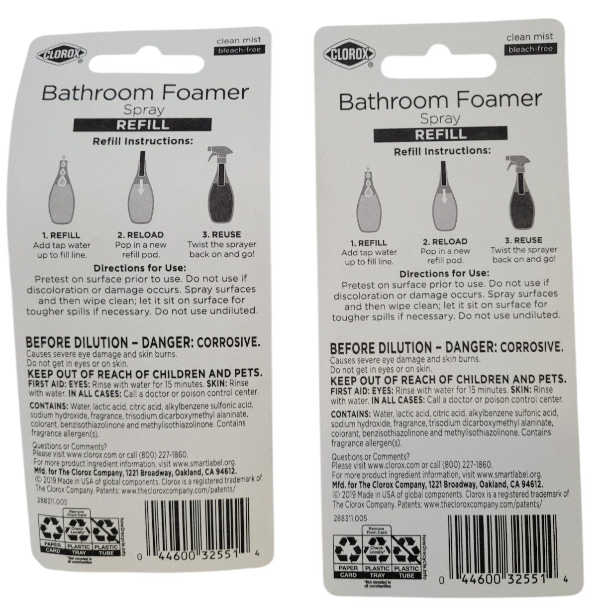 Lot 2 Clorox Bathroom Foamer Spray Refill Cartridges 2pk Clean Mist Scent NIP