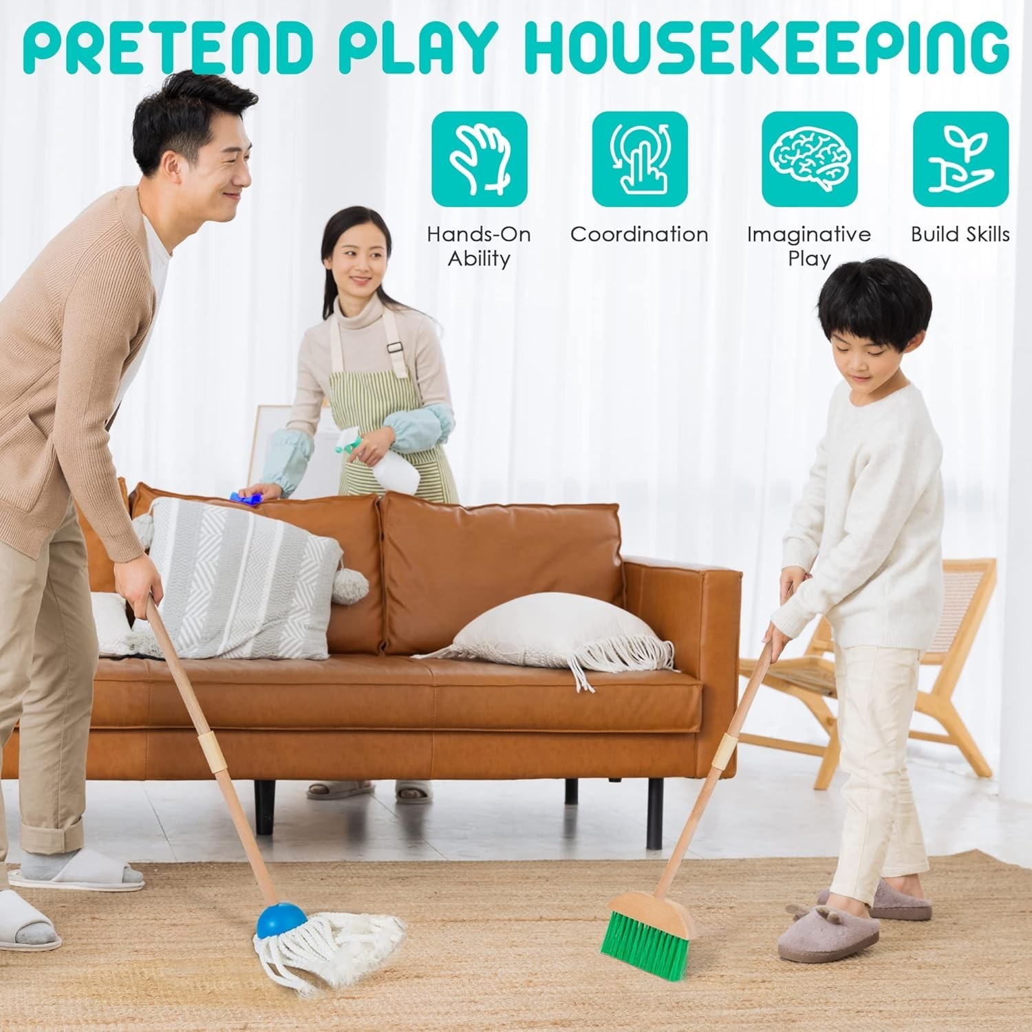 Kids Cleaning Set 8 Pcs Wooden Housekeeping Play Toy Includes Broom Mop Dustpan