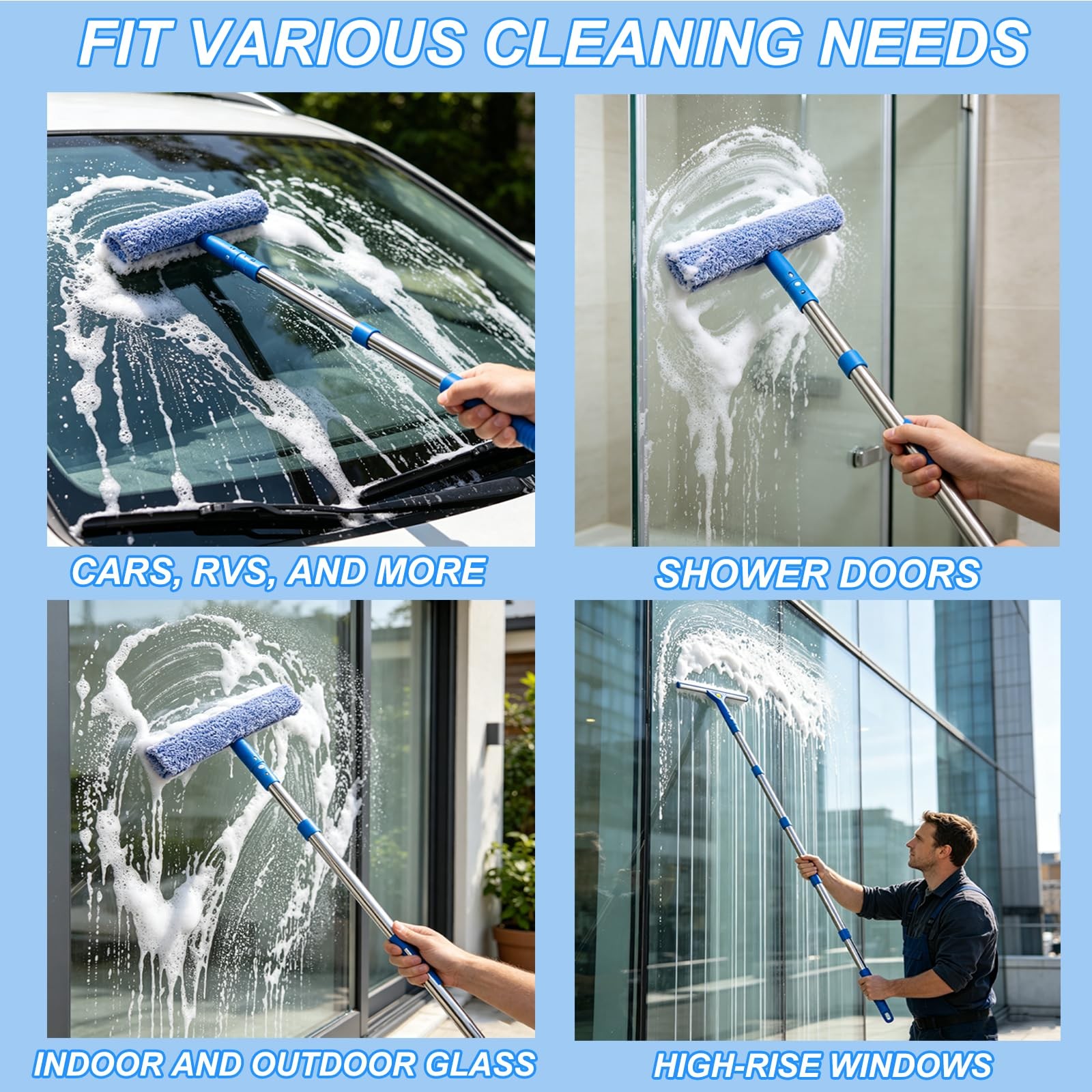 Professional Window Cleaning Kit with 76″ Telescopic Pole, Bucket 3 Gallon,2P…