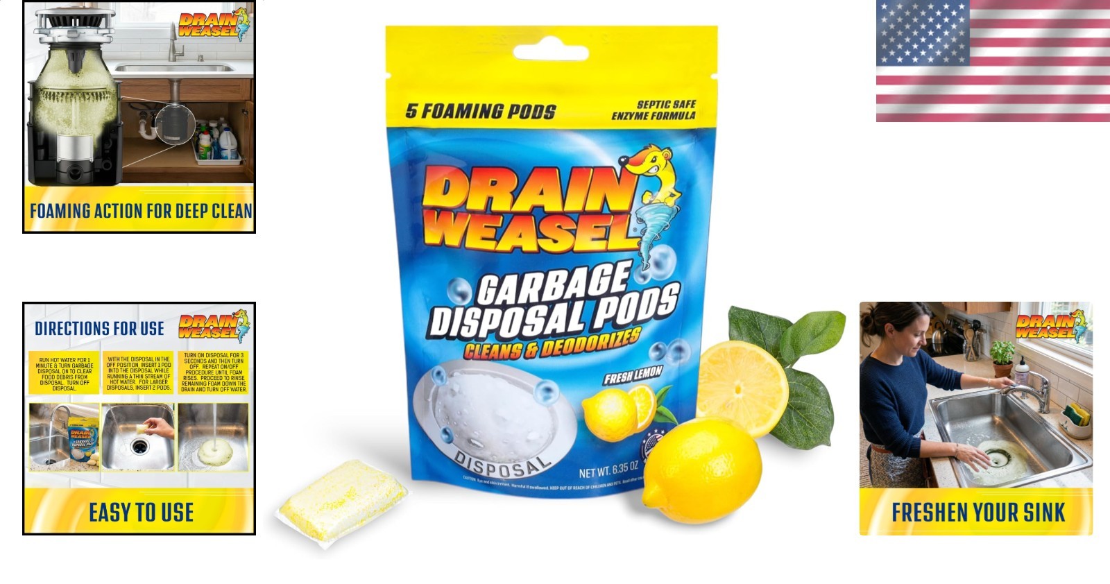 Garbage Disposal Pods Powerful Cleaner Deodorizer Fresh Lemon Enzyme 5 Pack
