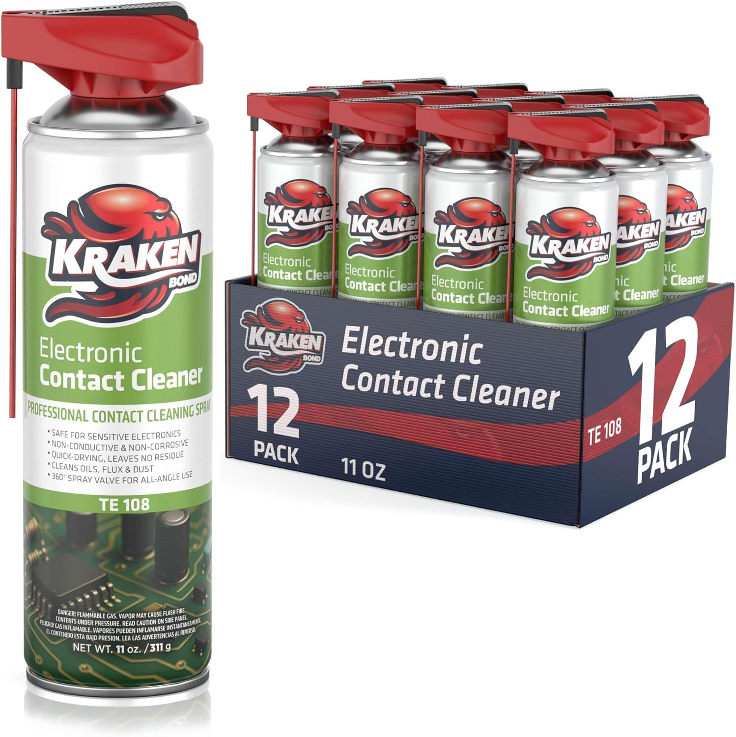 KRAKEN BOND Electronic Contact Cleaner Spray – (12X11 Oz) – Fast-Drying, Residue