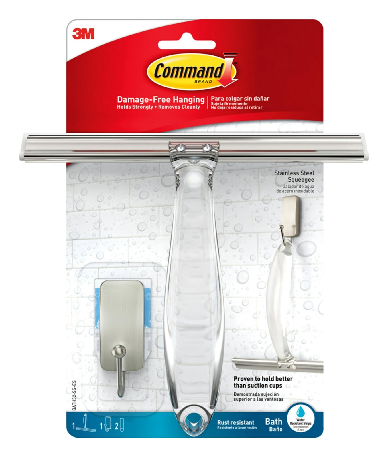 Satin Nickel Bath Squeegee with Hook and Water Resistant Strips No Tools Requ…