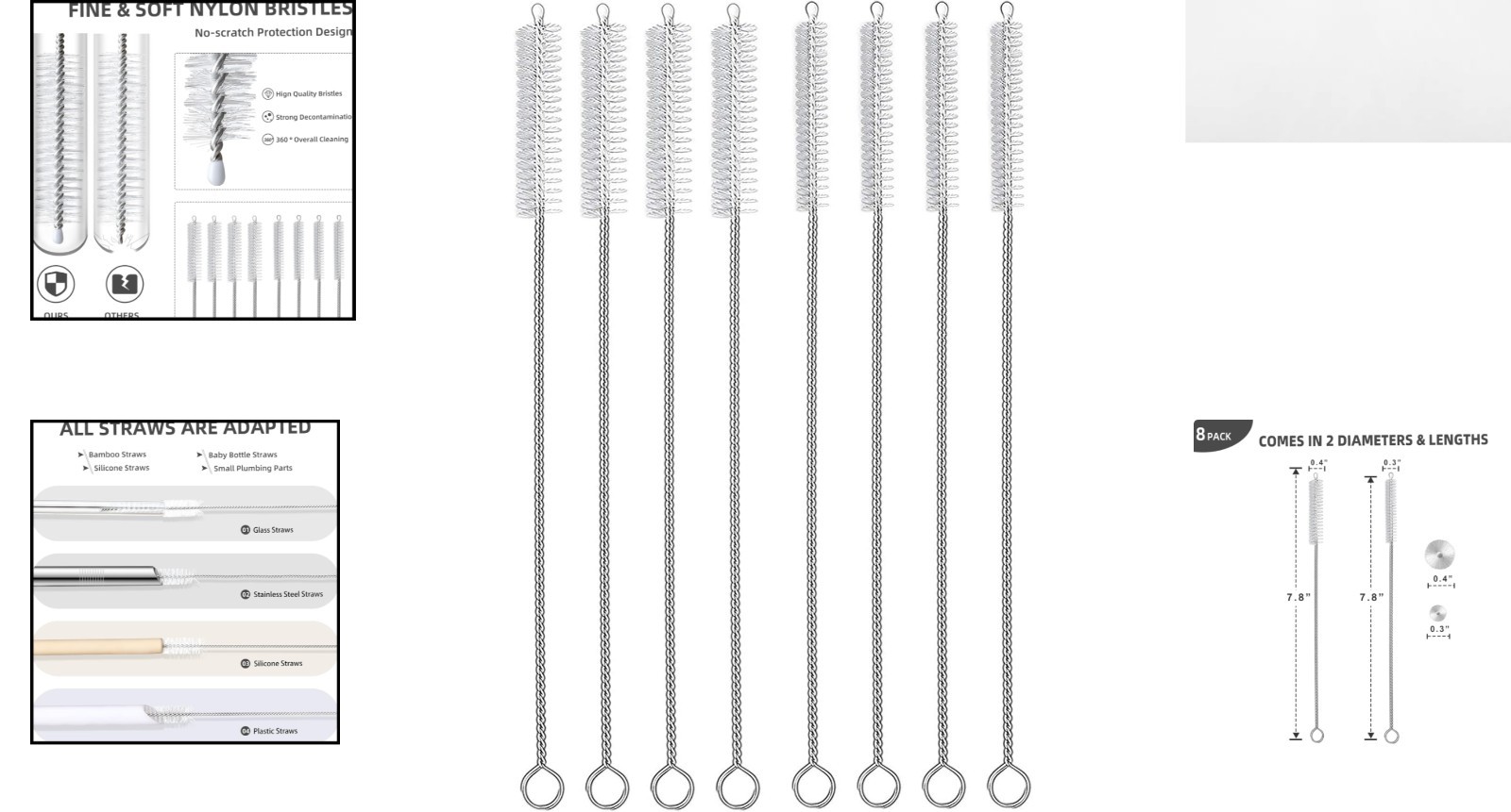 Reusable Straw Cleaning Brushes: 8-Piece Set for Tumbler & Feeder Hygiene