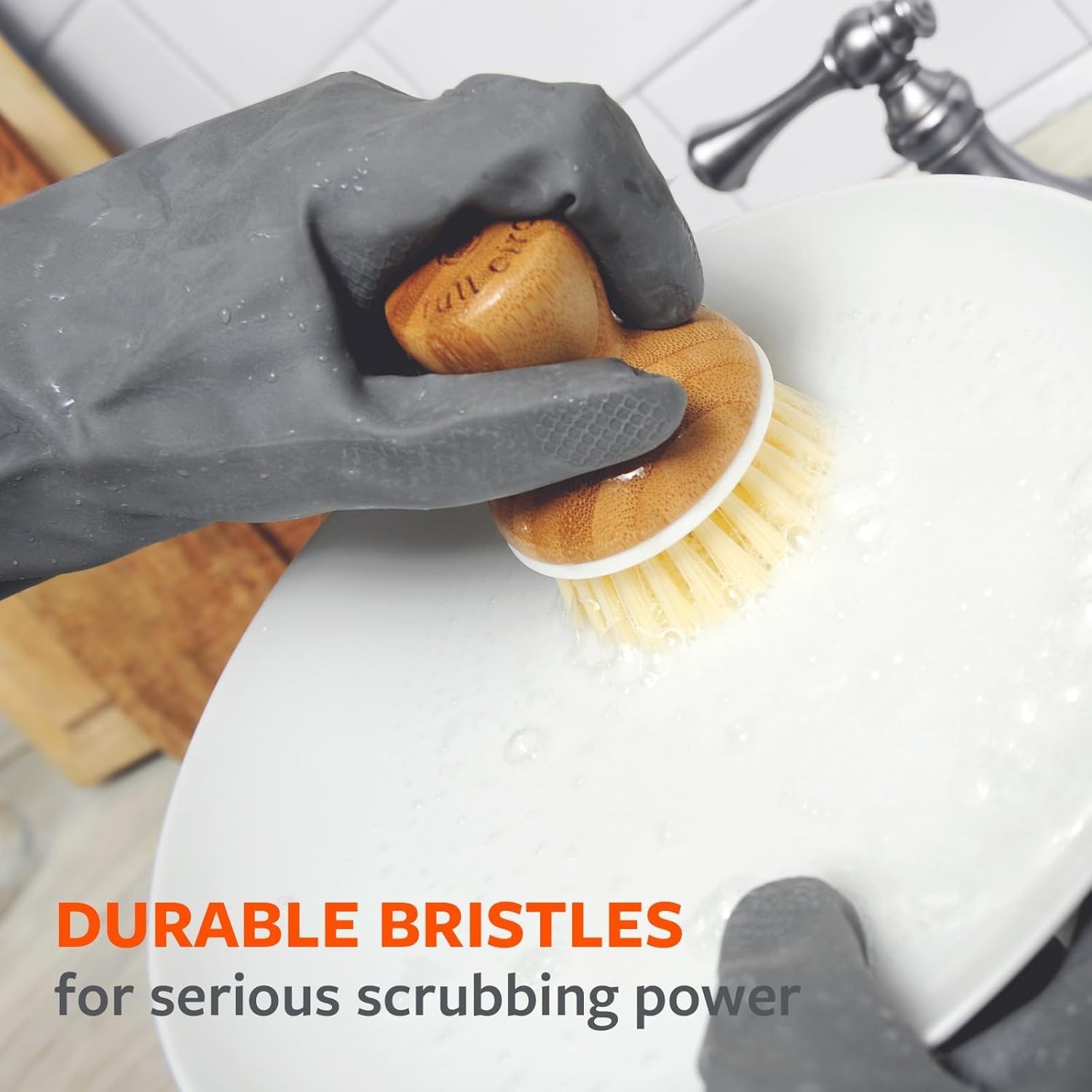 Ceramic Soap Dispenser and Bamboo Handle Dish Brush Set for Kitchen Cleaning