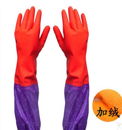 2Pairs Rubber Household Kitchen Thick Warm Long Cuff Glove DishWashing Cleaning