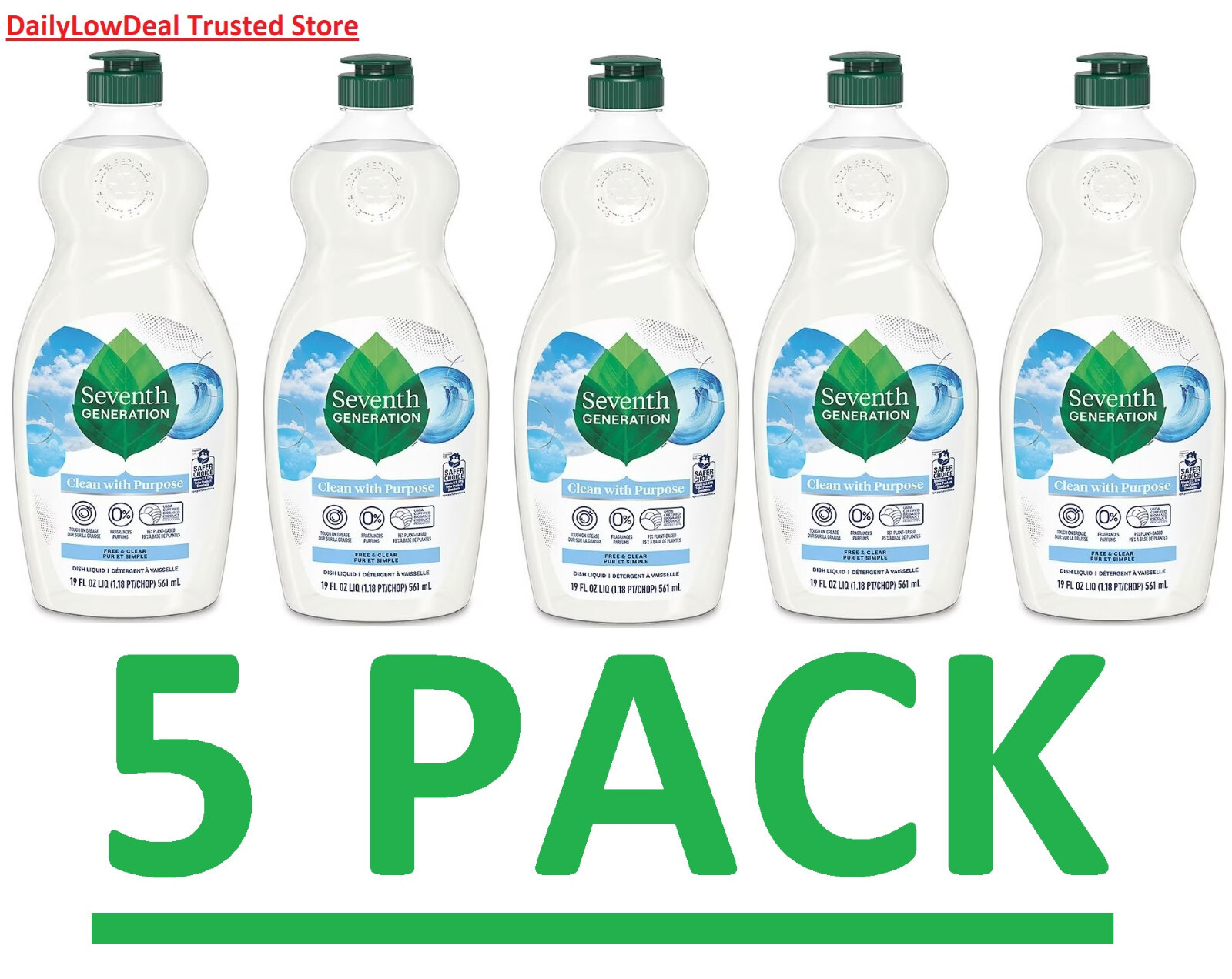 5 PACK – Seventh Generation Dish Soap Liquid, Free & Clear 19 Fl Oz EXP: 01/2026