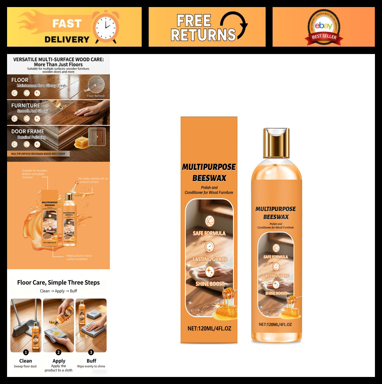 Natural Wood Polish Cleaner & Conditioner – 3 in 1 Plant-Based Care for Furnitur
