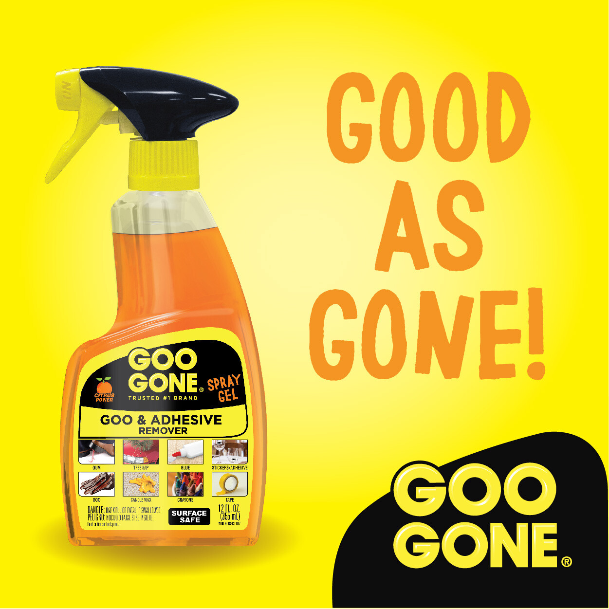 GOO GONE Original ADHESIVE Glue Gum Remover ~ Fresh Citrus & Surface Safe 12Oz